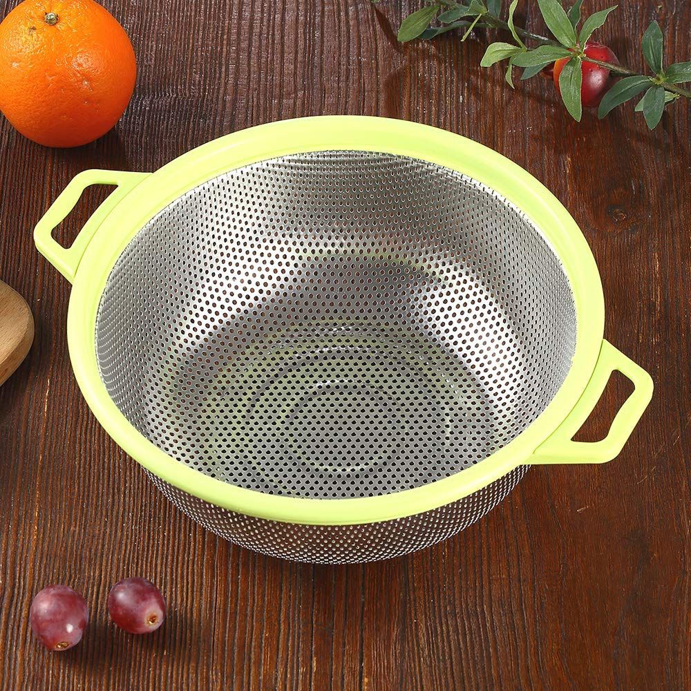 Stainless Steel With Handle and Legs, Large Metal Green Strainer for Pasta, Spaghetti, Berry, Veggies, Fruits, Noodles, Salads