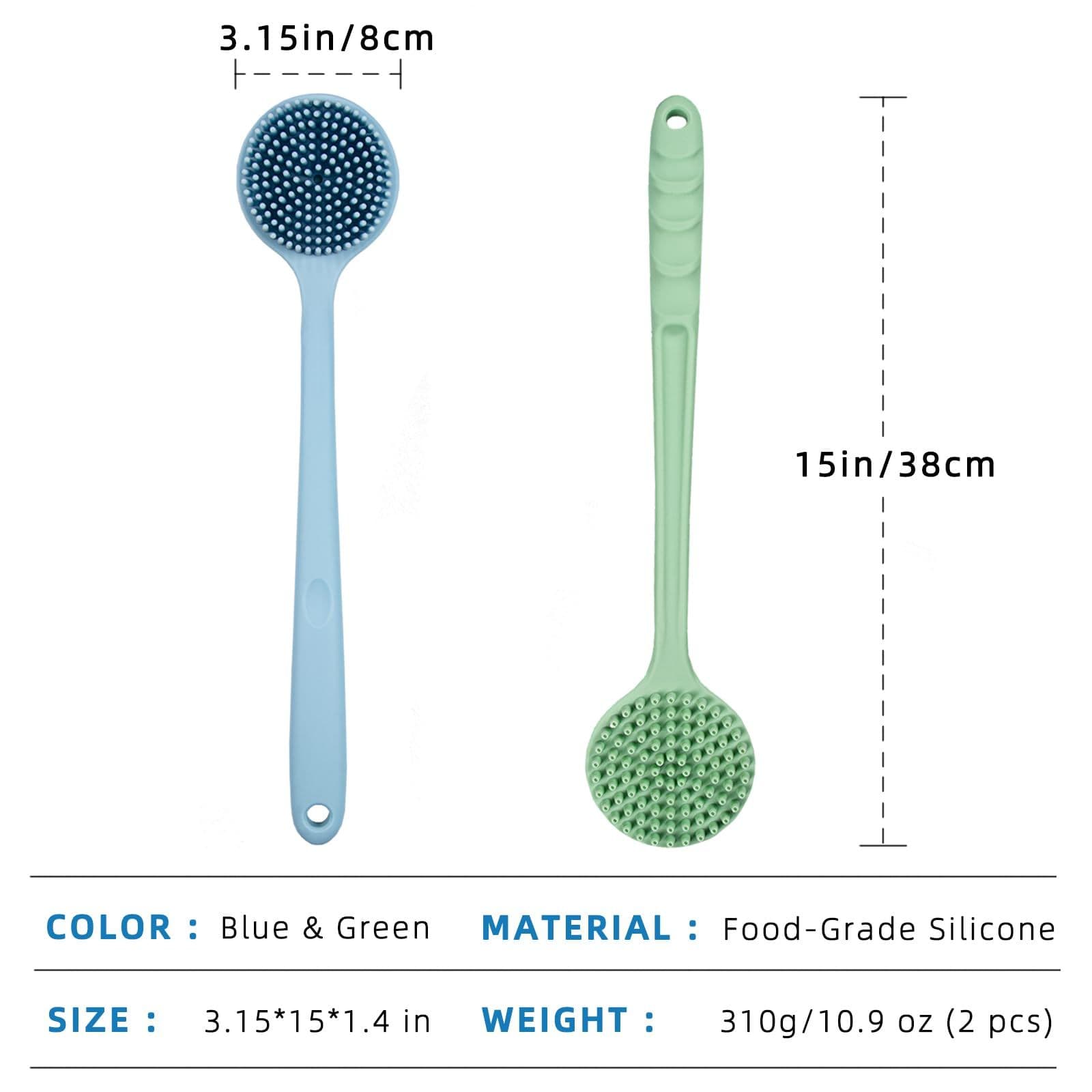 Silicone Back Scrubber for Shower Set(2 Pack), Silicone Body Scrubber, Dual-Sided Silicone Bath Body Brush with Long Handle and