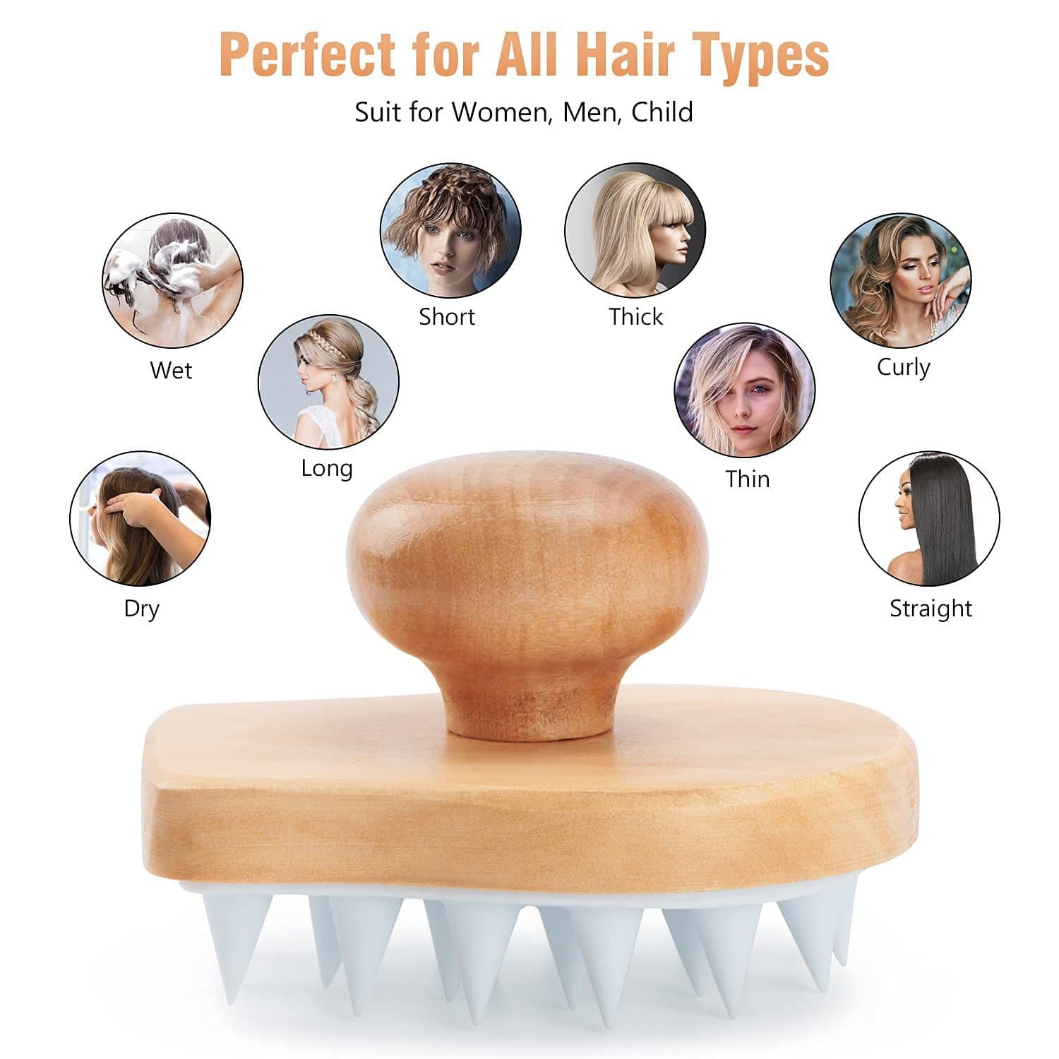 Scalp Care Brush Soft Silicone Bristles Exfoliator Ergonomic Wooden Handle White