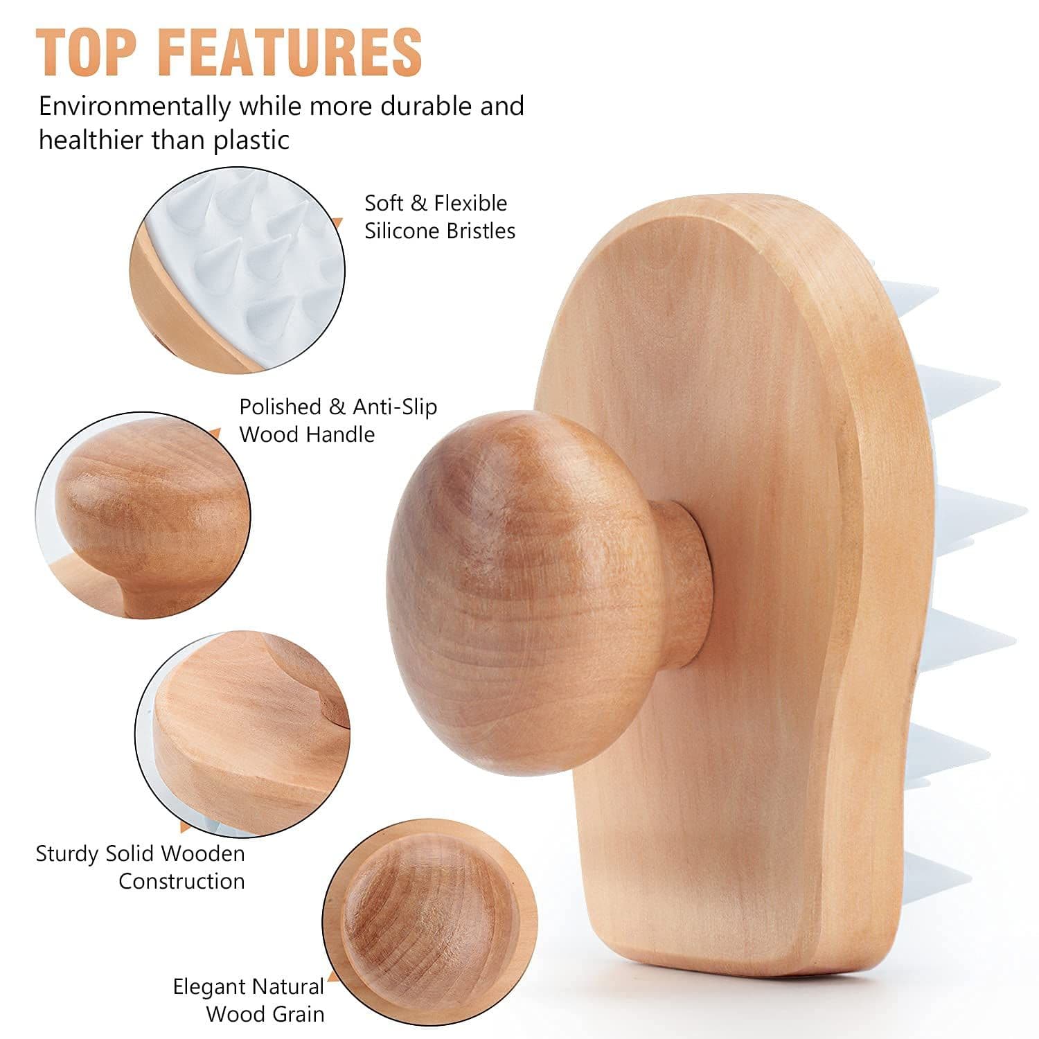 Scalp Care Brush Soft Silicone Bristles Exfoliator Ergonomic Wooden Handle White