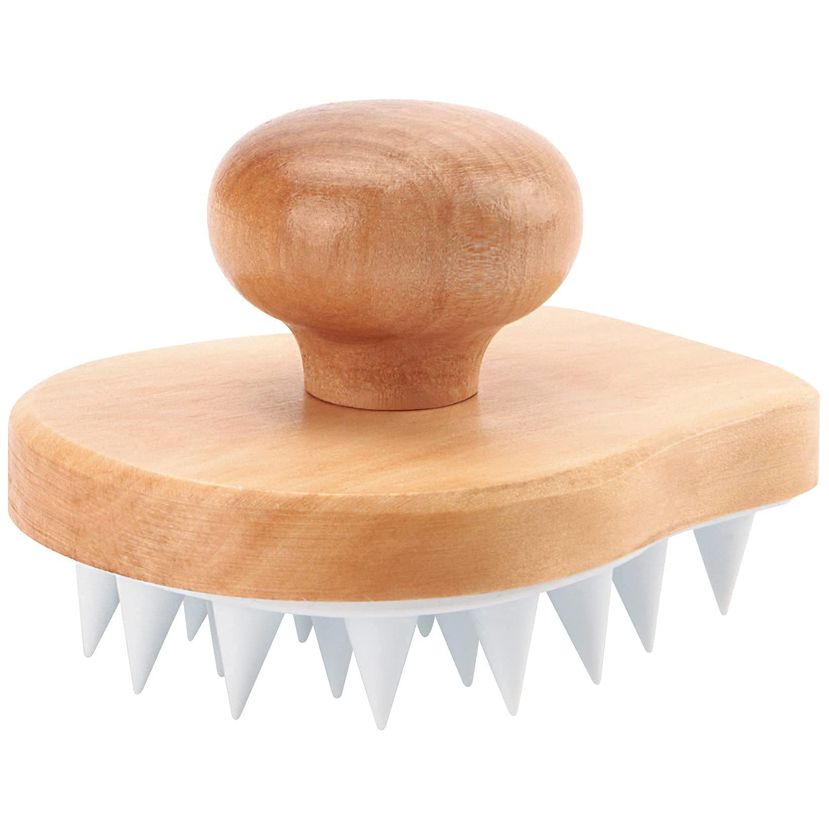Scalp Care Brush Soft Silicone Bristles Exfoliator Ergonomic Wooden Handle White