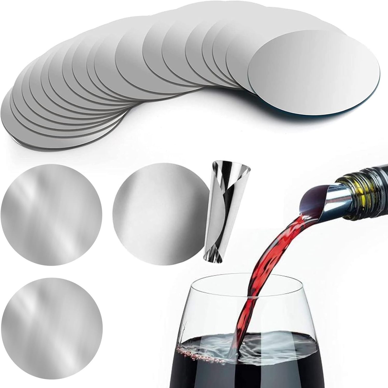 Wine Pourer Disc, Silver Wine Pourer and Stopper Discs Aluminum Foil Reusable Wine Bottle Pouring Disc 50Pcs Thin Drip Stop Pour