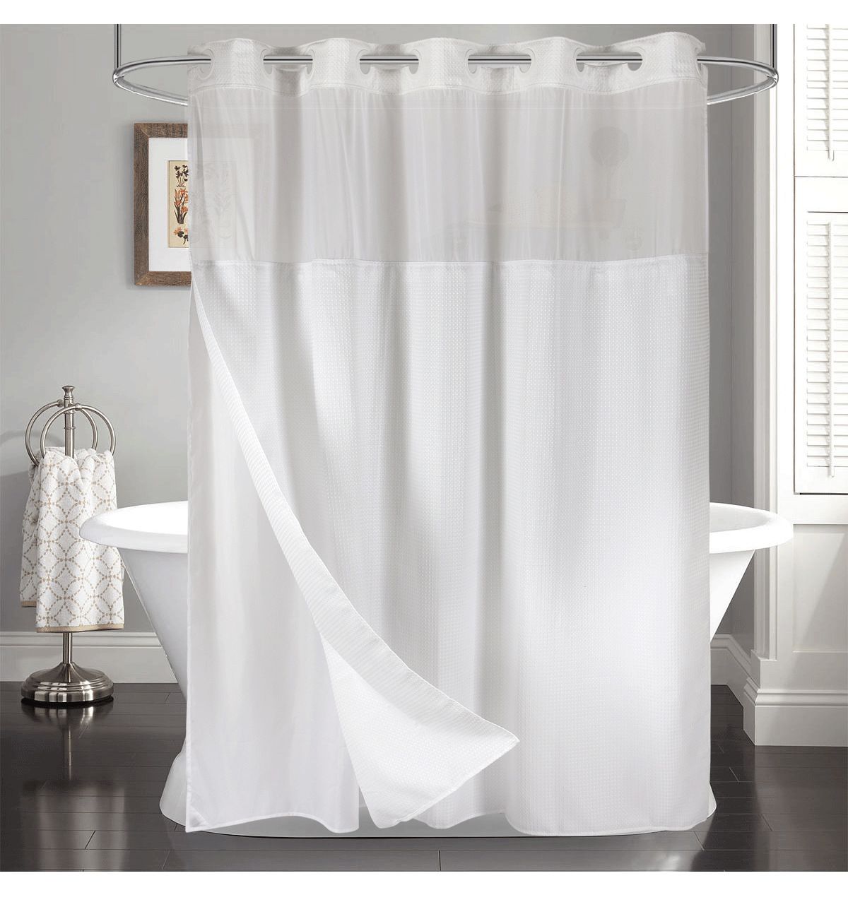 No Hooks Needed Linen Textured Shower Curtain with Snap-in Fabric Liner Set,White Hotel Luxury Decor Shower Curtains for Bathroom