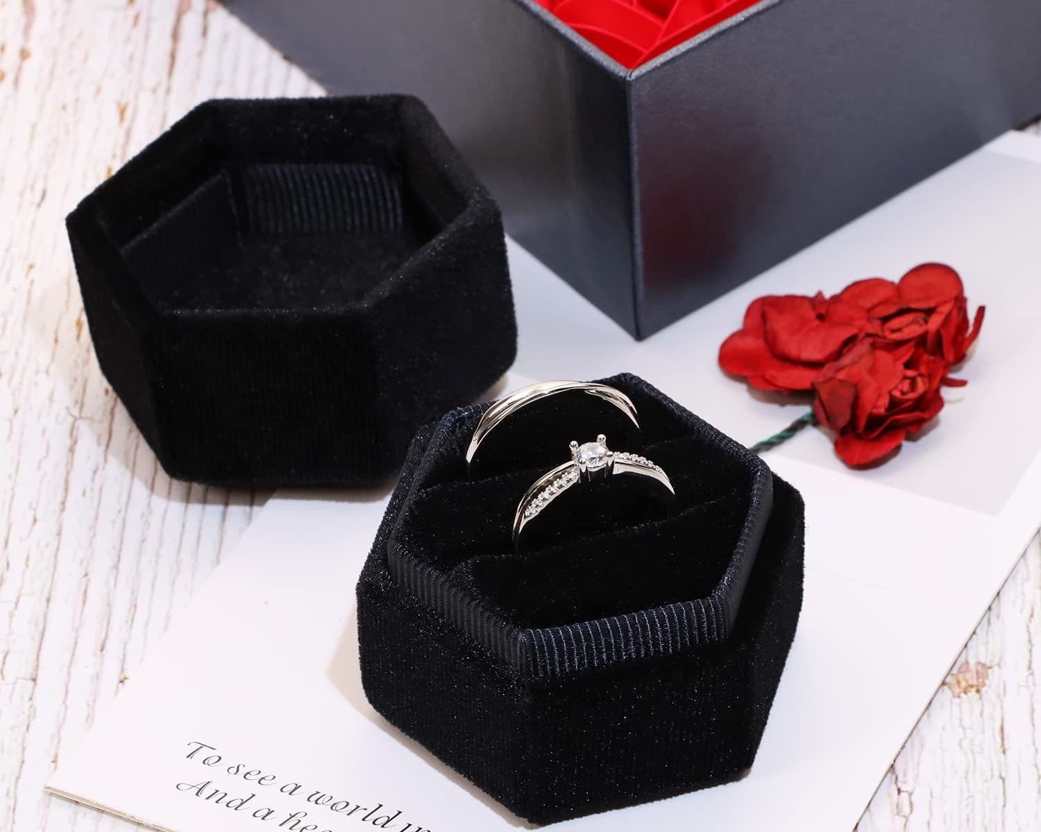 Ring Box Velvet Hexagon Dual Rings Holder Detachable Lid Jewelry Storage Display for Engagement Proposal
