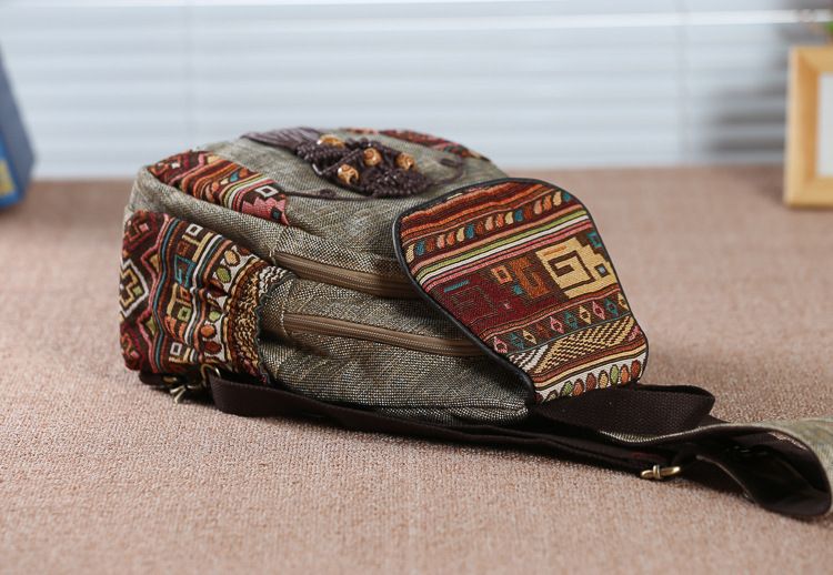 Handmade Backpack Women's Vintage Canvas Backpacks National Style Geometrical Printed Bag Female Simple Travel Backpack
