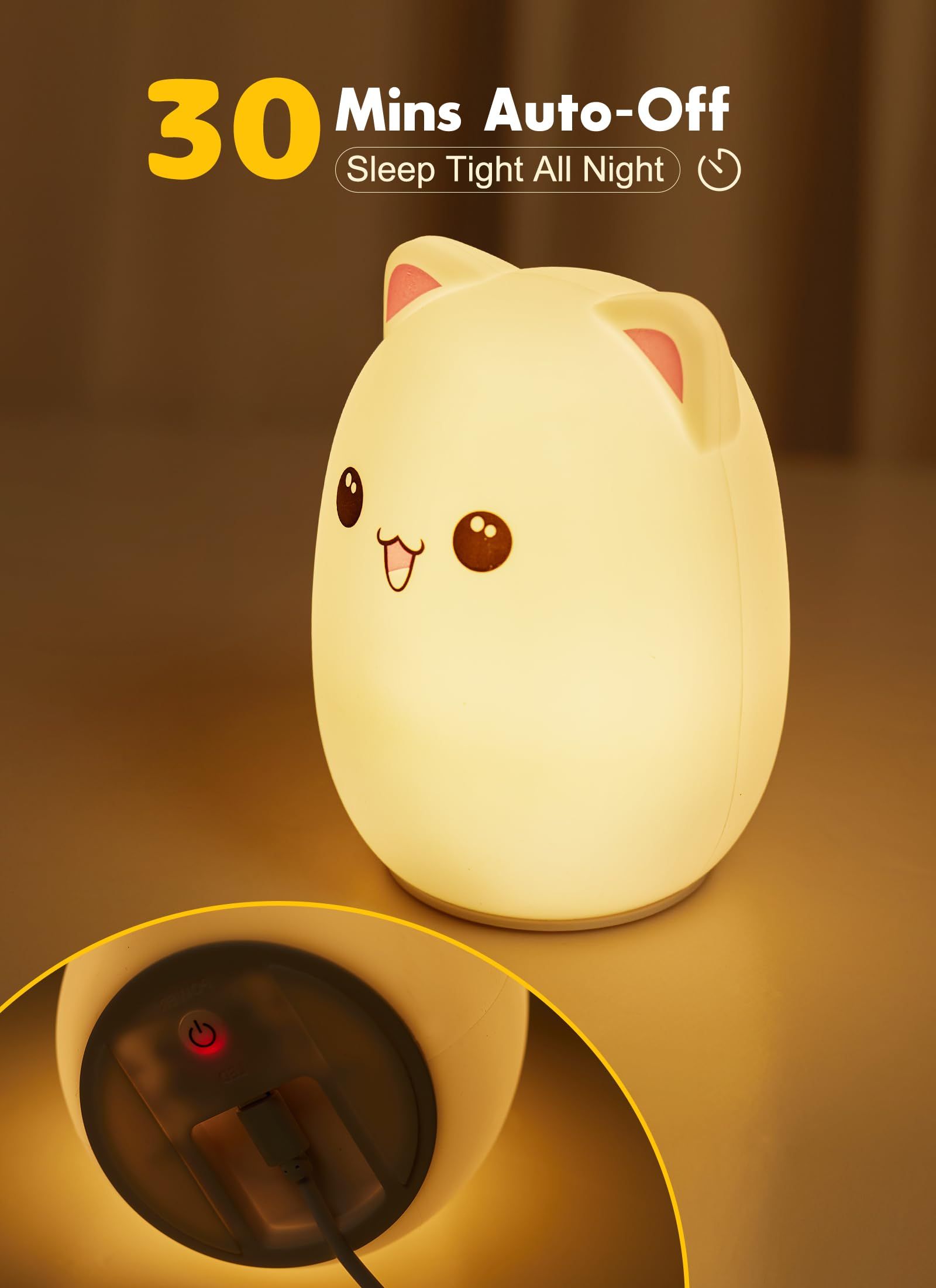 Cute Silicone Kitty Night Light with 3 Levels of Brightness,Lamp for Bedroom, Girls and Boys, Nursery, Baby Gifts, Tap Control
