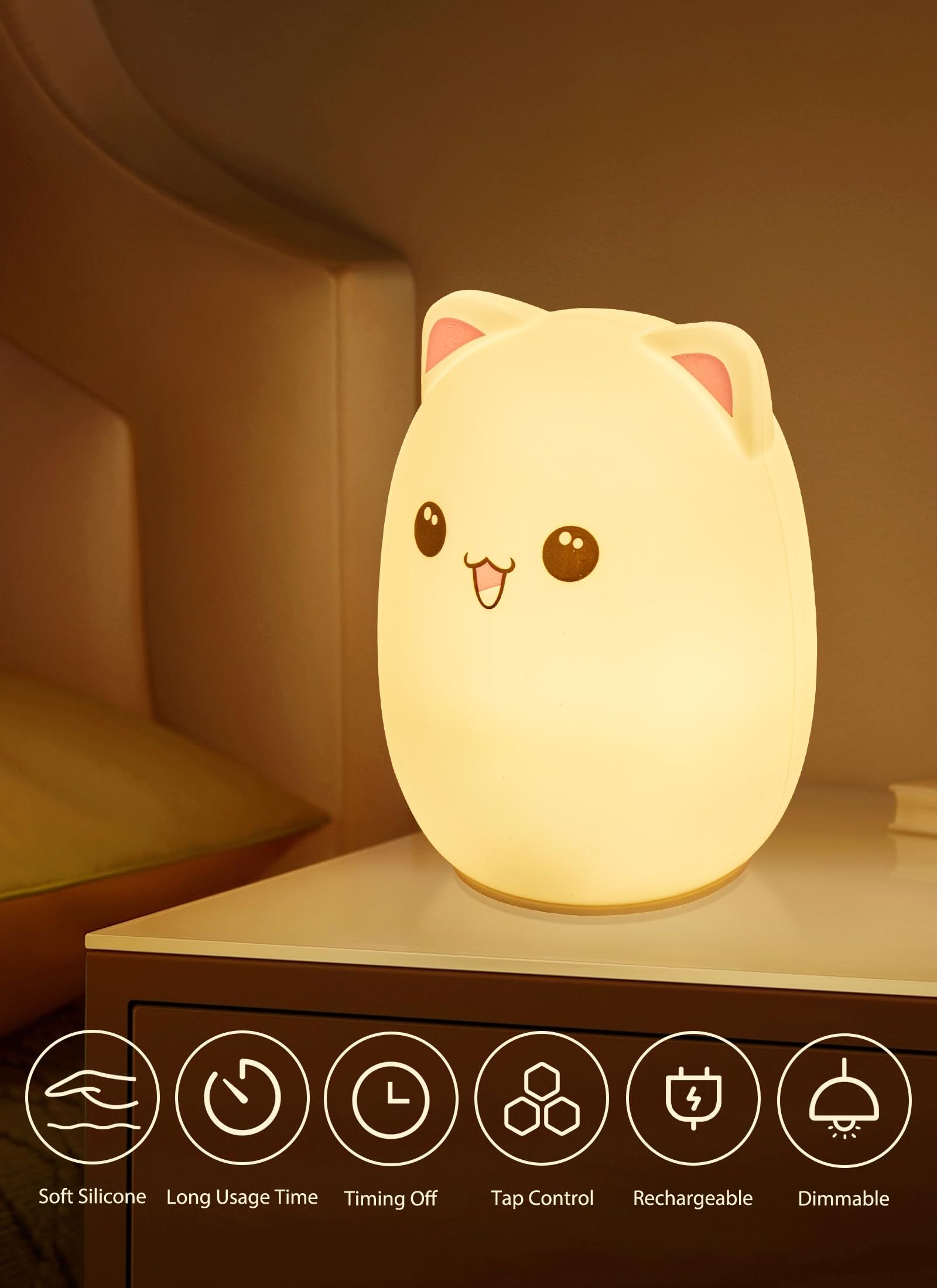 Cute Silicone Kitty Night Light with 3 Levels of Brightness,Lamp for Bedroom, Girls and Boys, Nursery, Baby Gifts, Tap Control