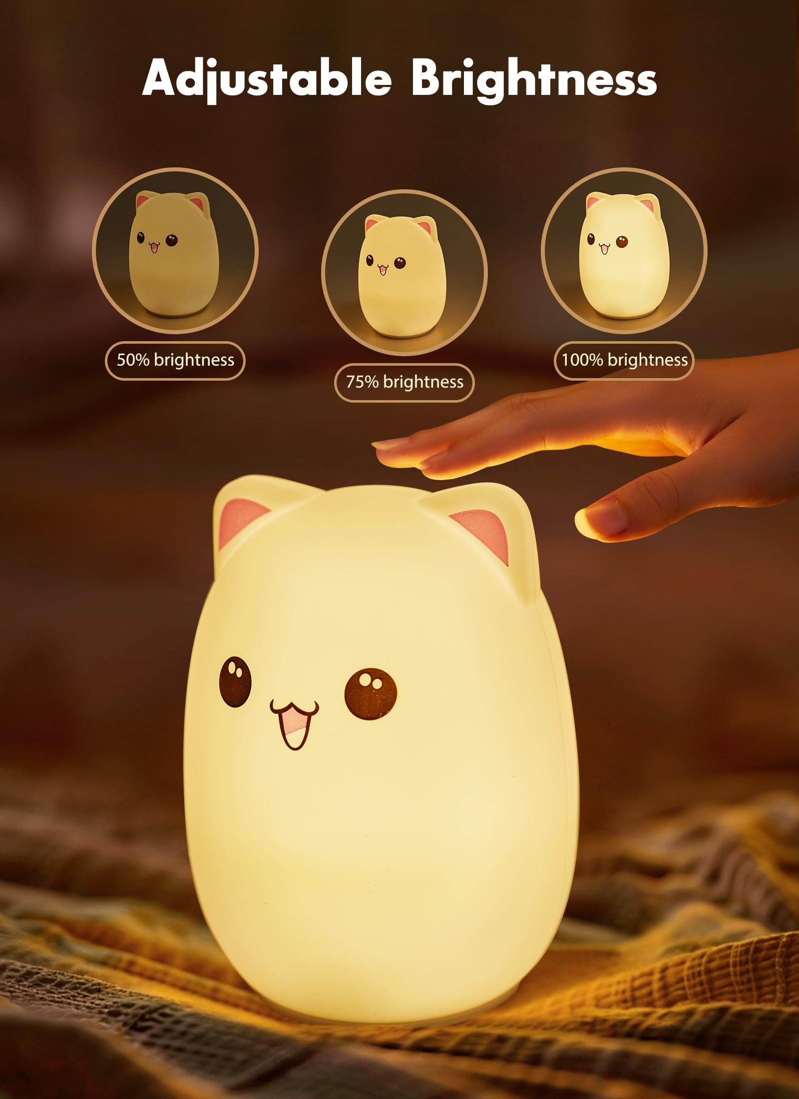 Cute Silicone Kitty Night Light with 3 Levels of Brightness,Lamp for Bedroom, Girls and Boys, Nursery, Baby Gifts, Tap Control