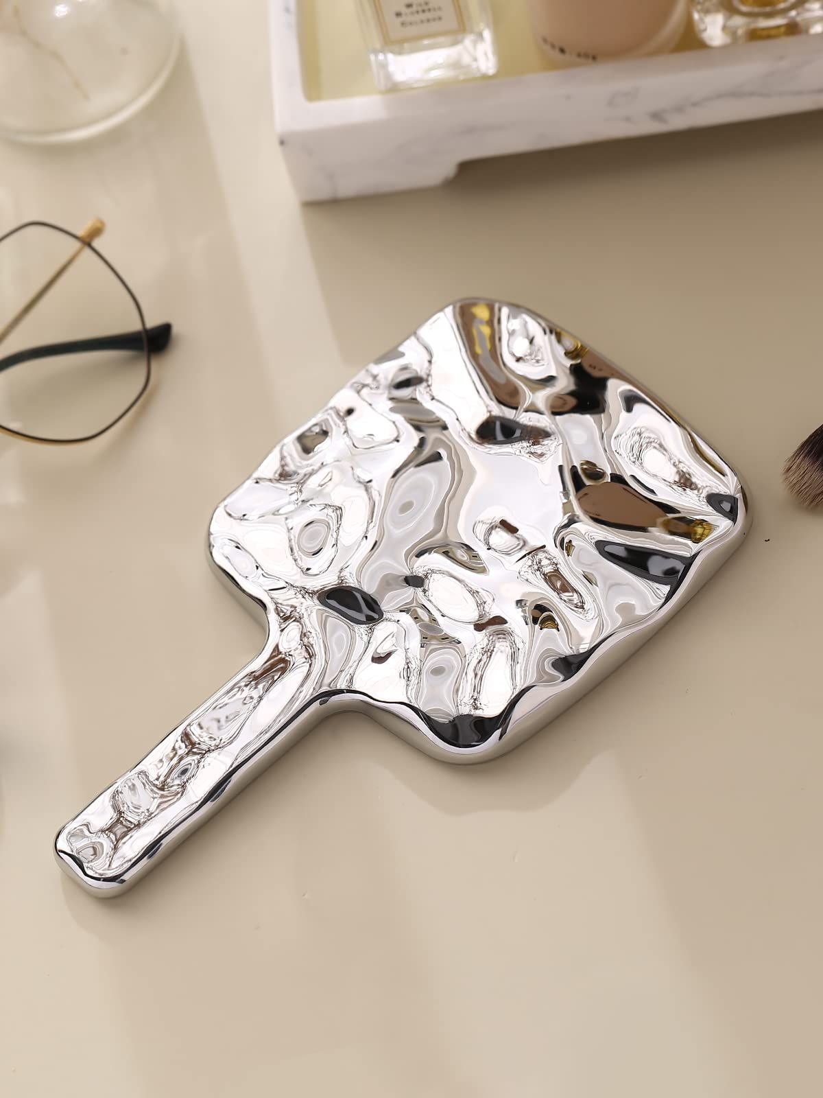 Handheld Mirror, Water Ripples Hand Mirror with Handle for Make up, Square, Silver, Small ( 10*17cm )