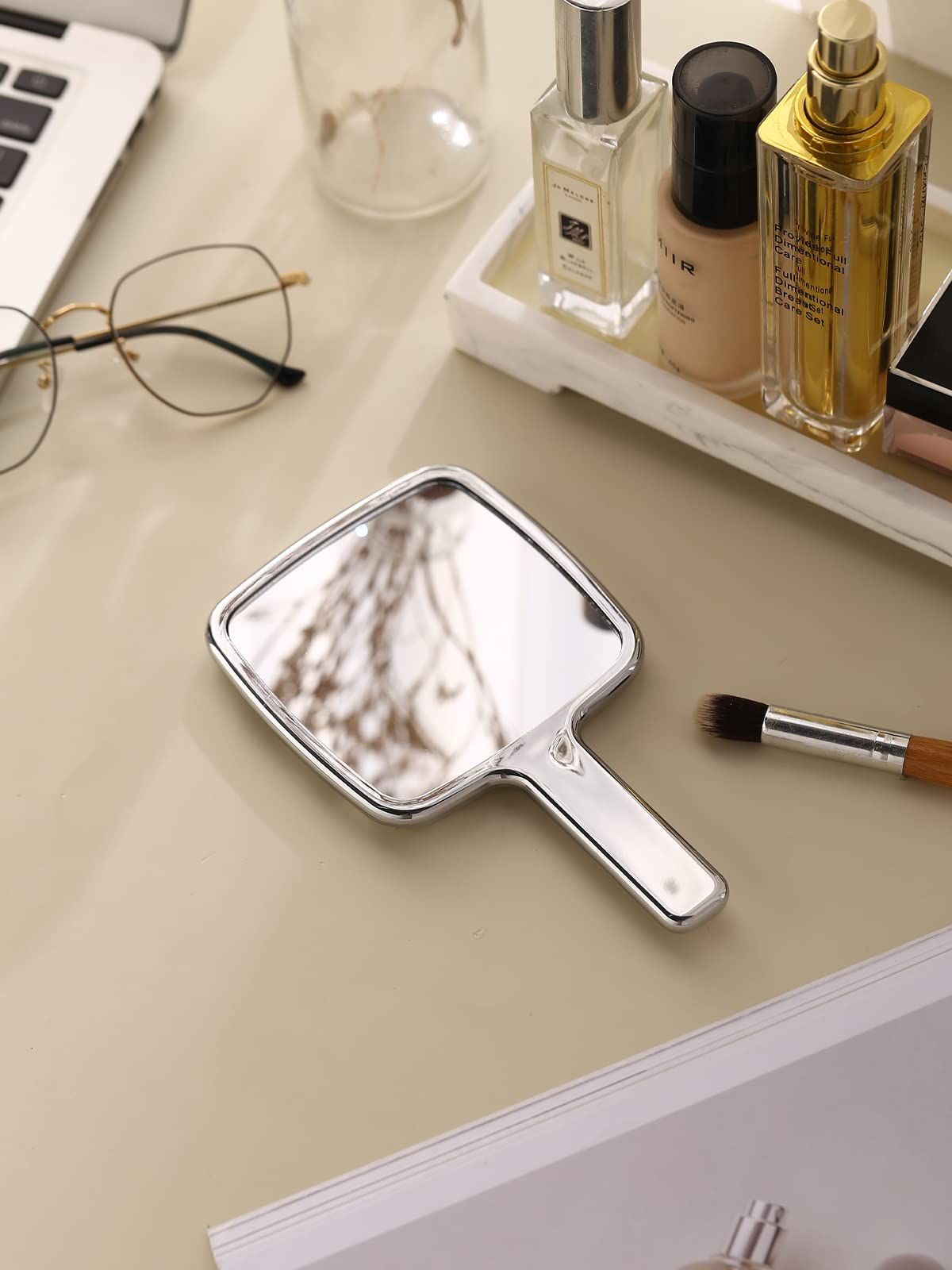 Handheld Mirror, Water Ripples Hand Mirror with Handle for Make up, Square, Silver, Small ( 10*17cm )