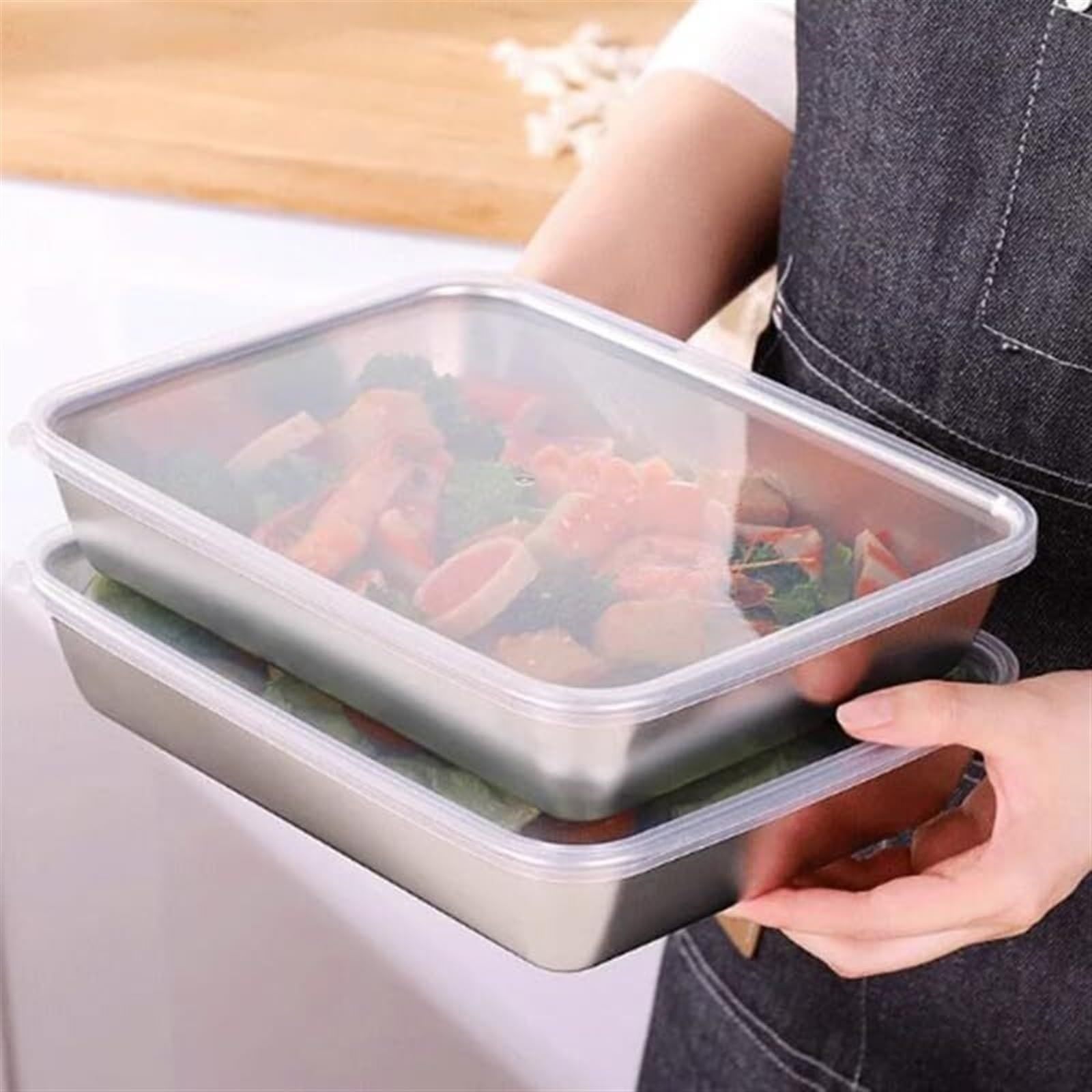 Stainless Steel Square Plate With Lid, Food Storage Container Tray Reusable Thickened Metal Dish Plate For Oven ( 2pcs）