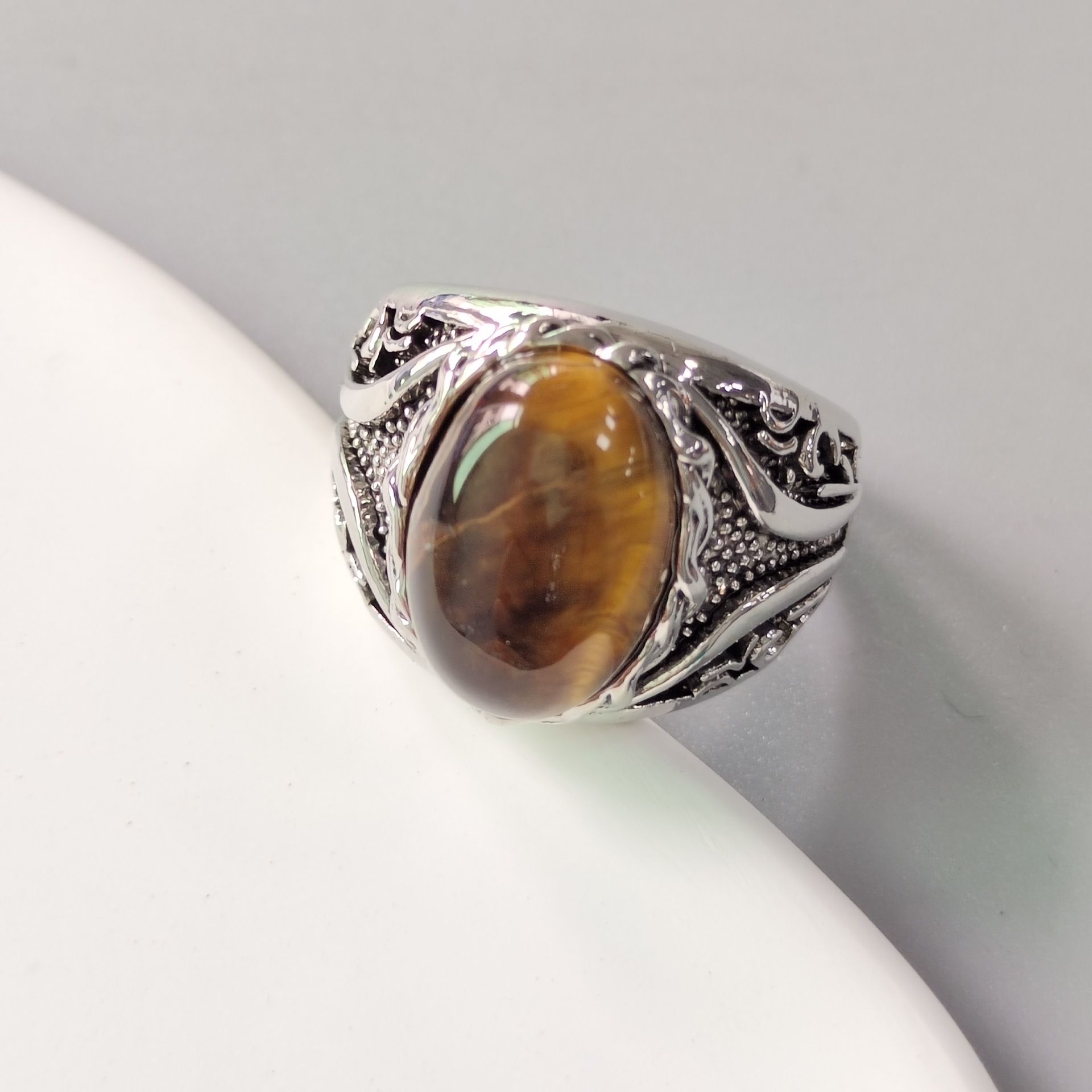 Natural Engagement Ring for Women, Ring Round Gemstone Moss Agate Ring Vintage Oval Gemstone,Jewelry Scrollwork Setting