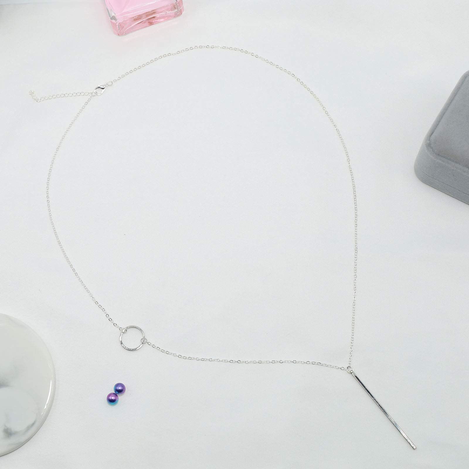 Long Pendant Necklace Silver Bar Necklaces Jewelry Y-Chain Circle Round Necklace for Women and Girls (Silver)