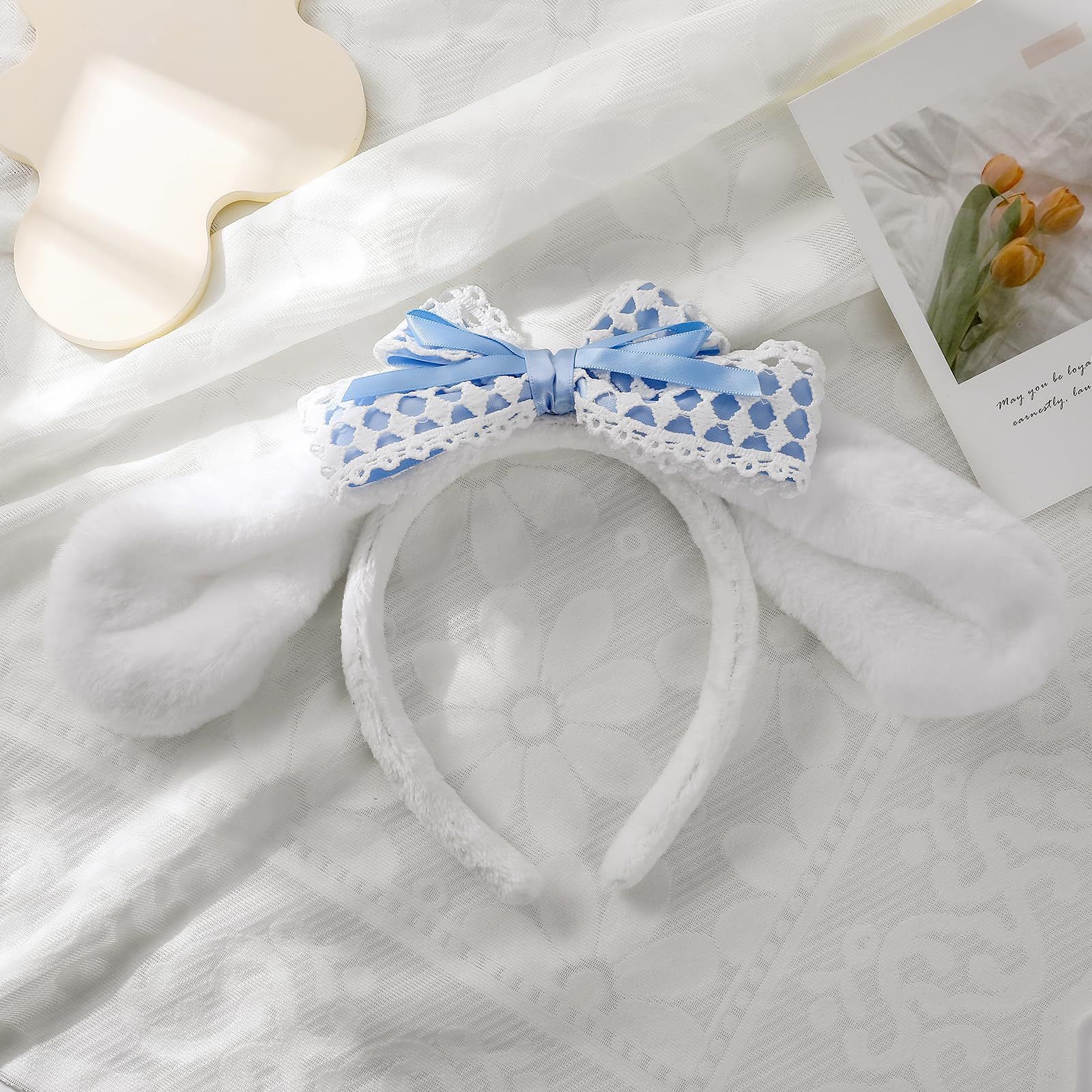Bunny Ears Headband Furry Rabbit Puppy Dog Ears Headband Cute JK Bowknot Headwear for Facial Makeup Costume
