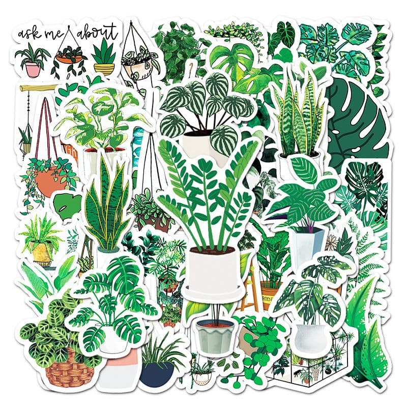 Plant Stickers 50 Pieces Waterproof Vinyl Decals for Kids Green Flowerpot Design