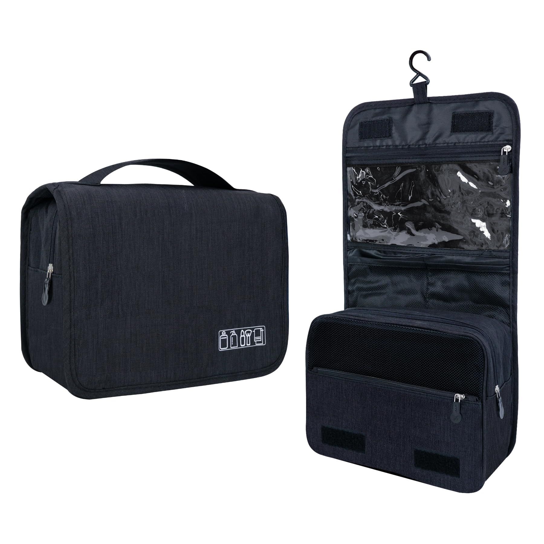 Large Capacity Toiletry Bag Travel Bag with Hanging Hook for Men and Women Waterproof Travel Cosmetic Bag Bathroom Storage Black