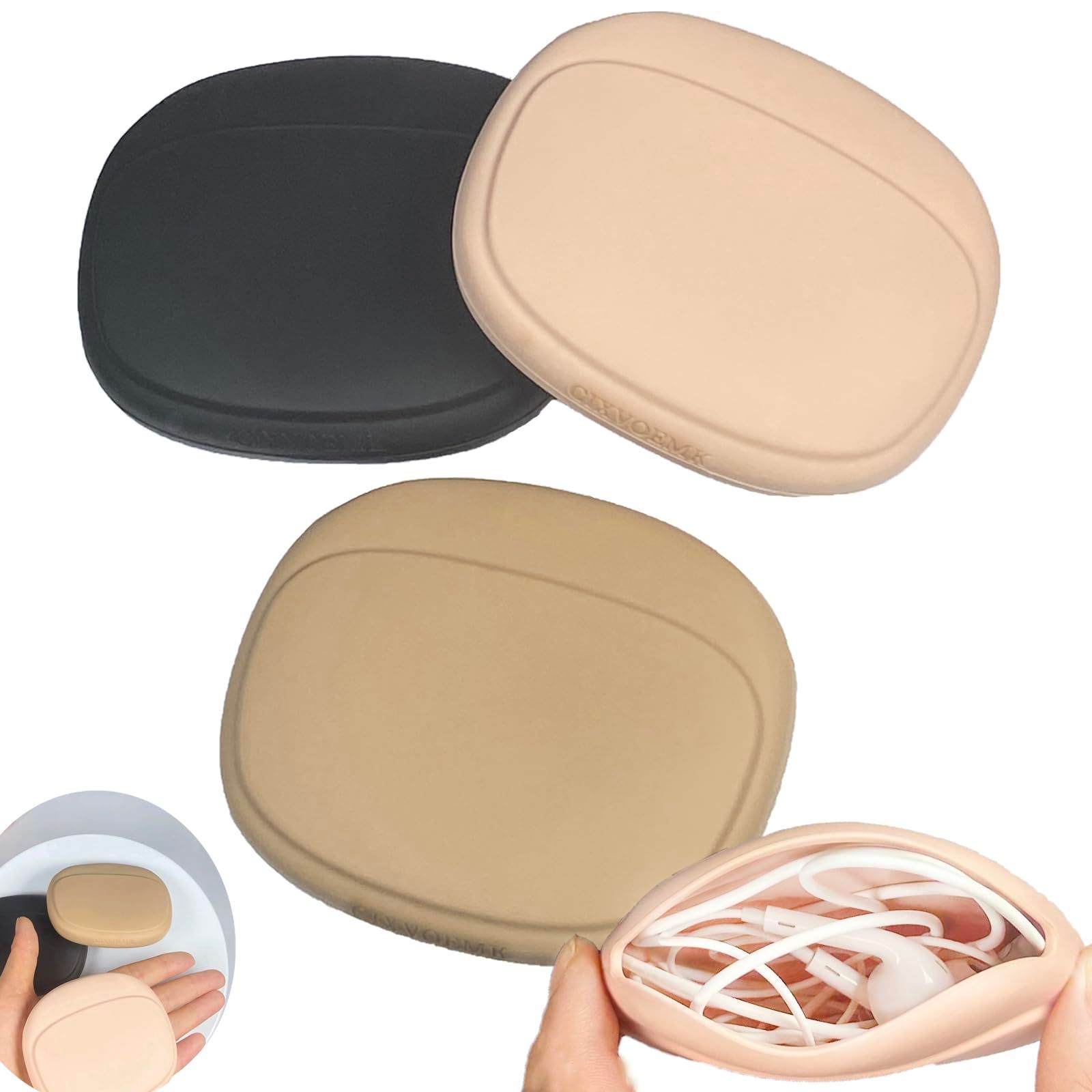 Silicone Headphone Organizer - Data Cable Storage Case - Mini Key Box - Portable Wired Headset (Black - Brown - Nude-3PCS)