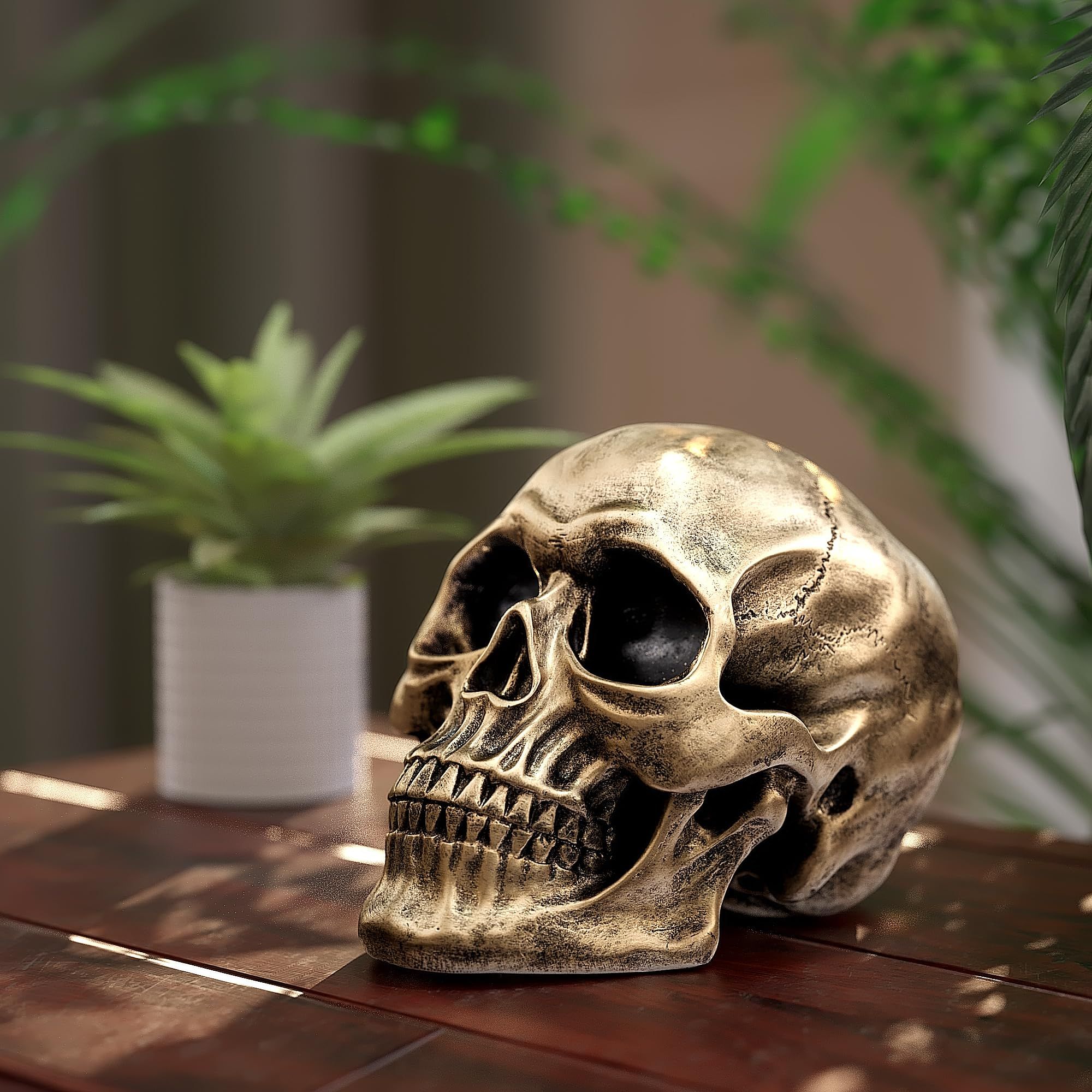 Life Size Human Skull Model 1:1 Replica Realistic Human Adult Skull Head Bone Model (Gold)Halloween and party decorations