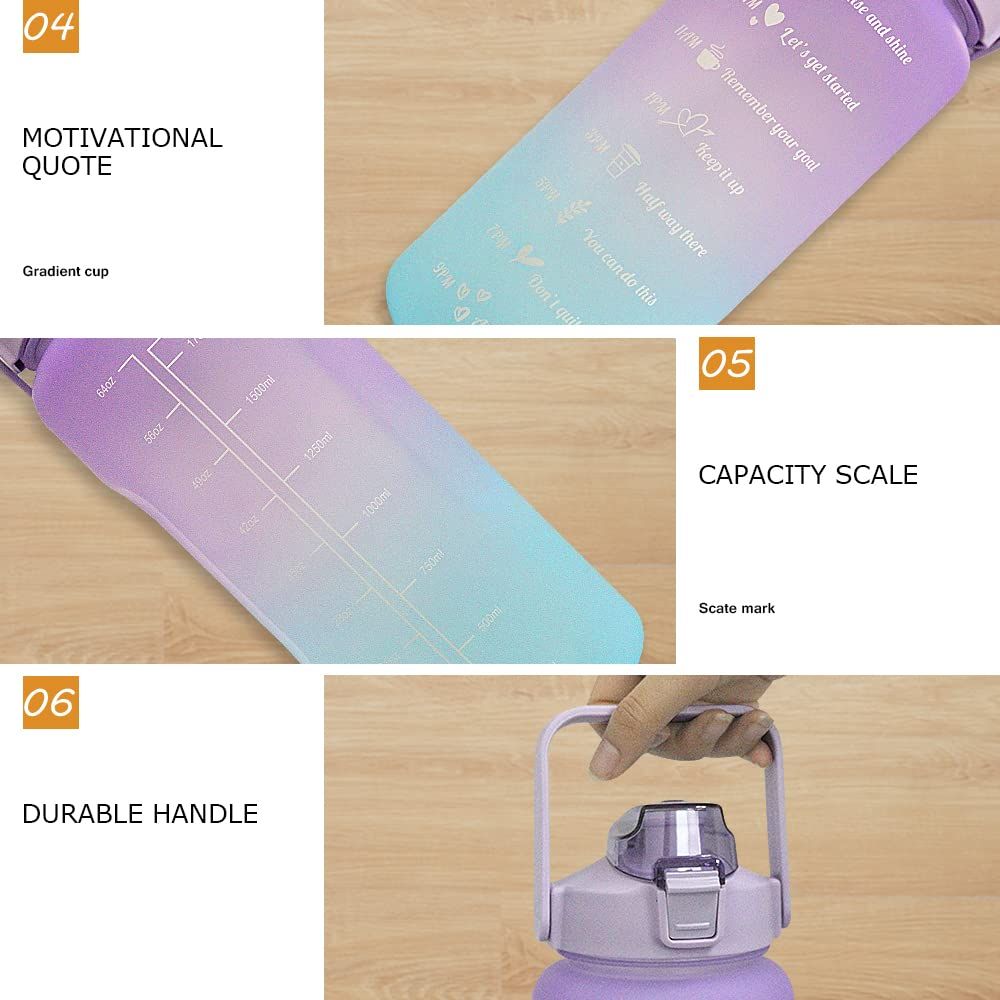 Time Marker & Removable Straw, Handle, BPA Free Leakproof Non-Toxic 2L Large Water Jug for Fitness Gym Outdoor Sports(Purple/Blue)