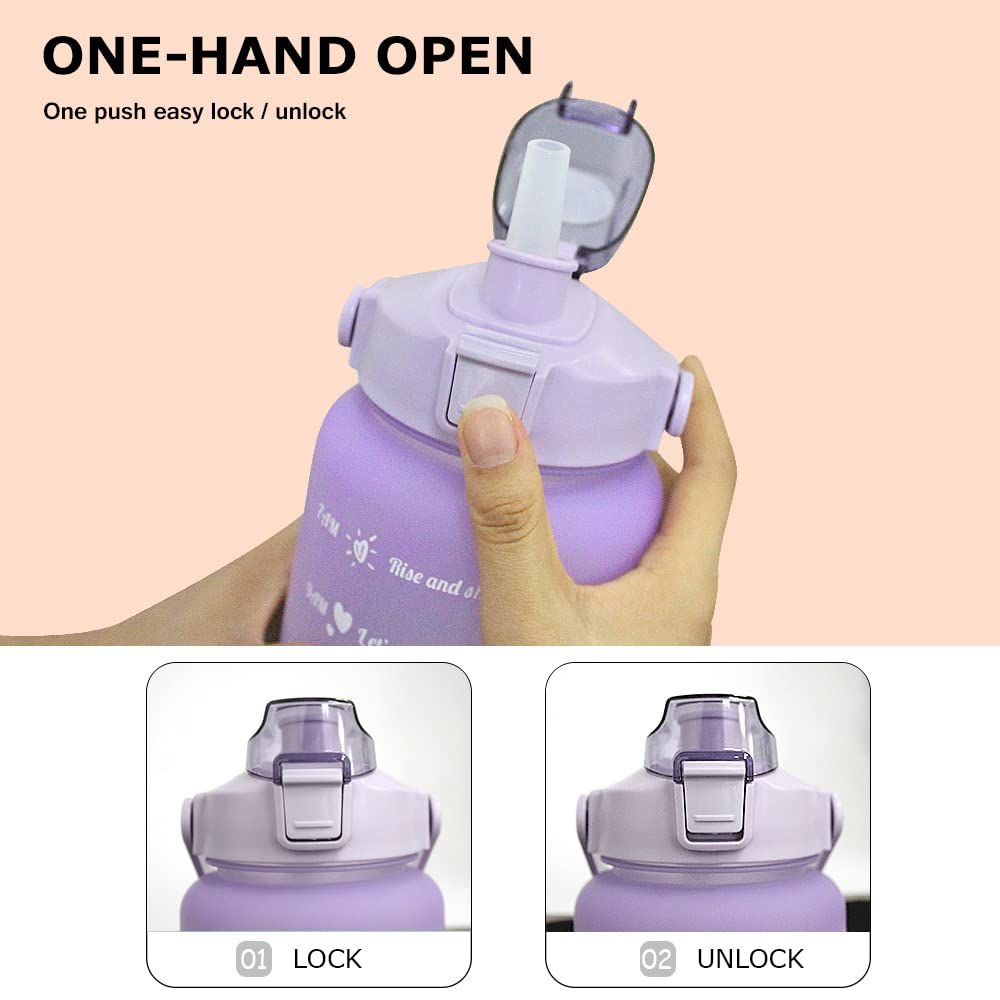 Time Marker & Removable Straw, Handle, BPA Free Leakproof Non-Toxic 2L Large Water Jug for Fitness Gym Outdoor Sports(Purple/Blue)