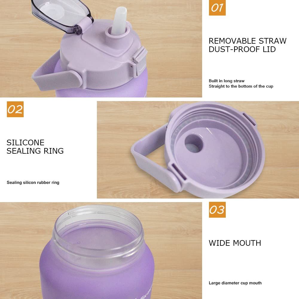 Time Marker & Removable Straw, Handle, BPA Free Leakproof Non-Toxic 2L Large Water Jug for Fitness Gym Outdoor Sports(Purple/Blue)