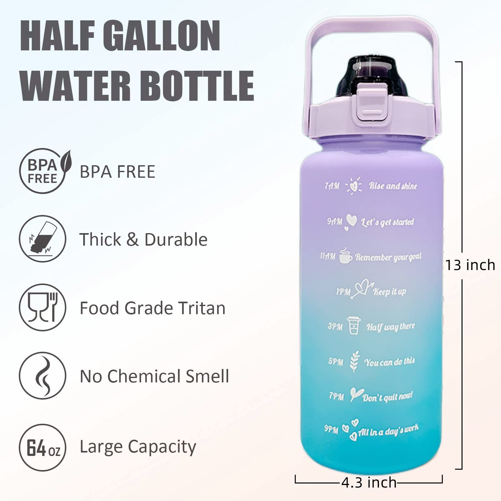 Time Marker & Removable Straw, Handle, BPA Free Leakproof Non-Toxic 2L Large Water Jug for Fitness Gym Outdoor Sports(Purple/Blue)
