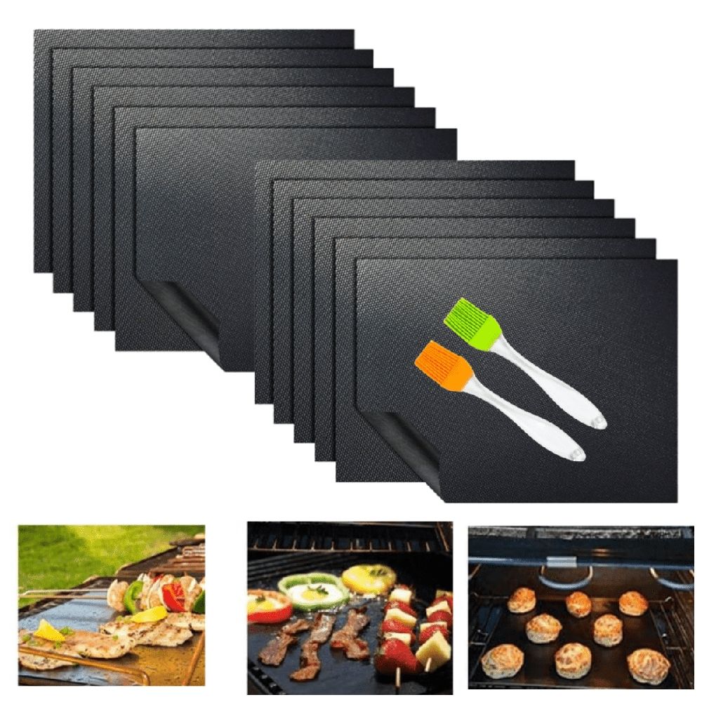 BBQ Grill Mat Set of 10, Grill Mats for Outdoor Grill,Non-stick Barbecue Grill & Baking Mats for Baking on Gas, Charcoal, Oven and Electric Grills - Reusable - Free 2 Silicone Brush