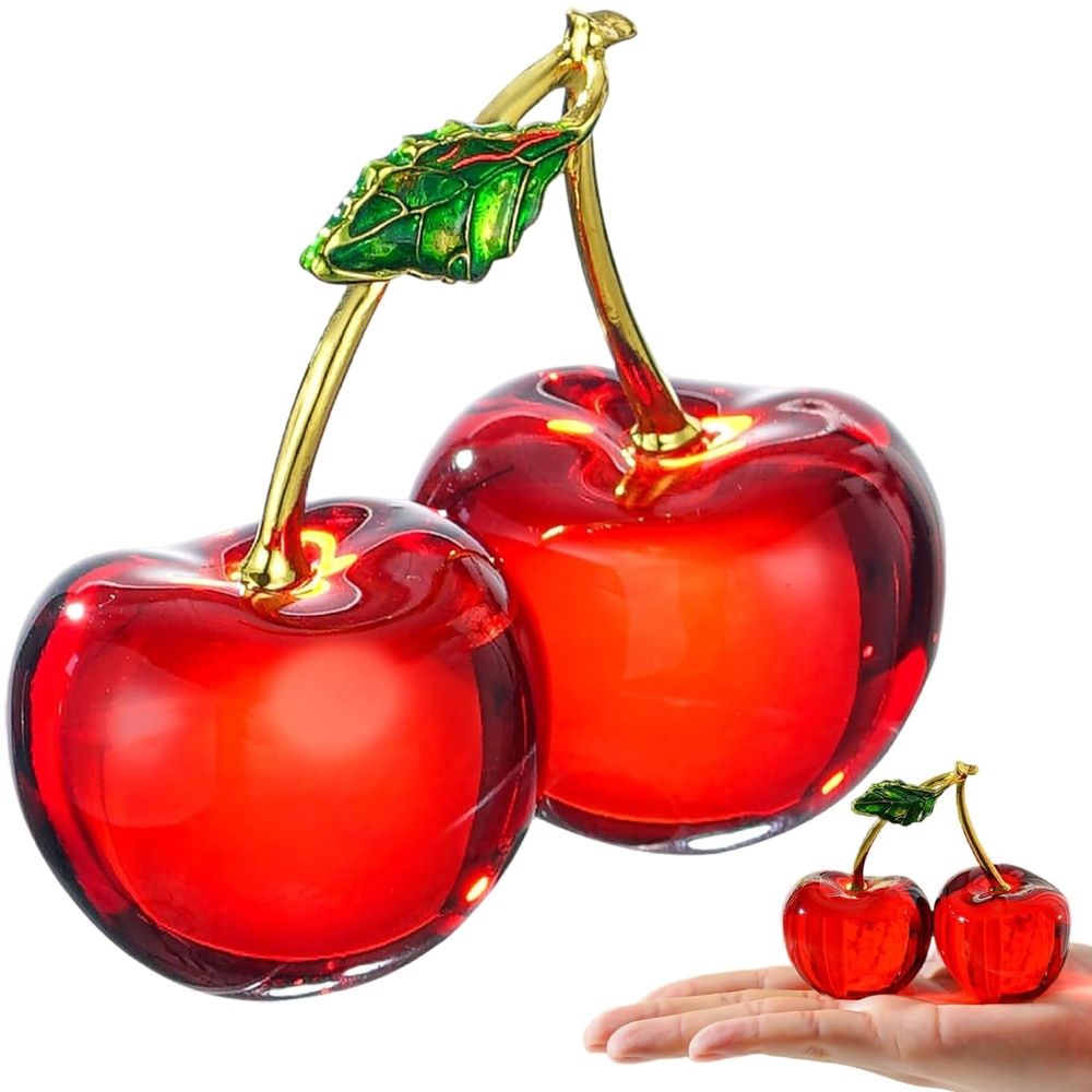 Crystal Cherry Decor - Glass Fruit Decor- Red Home Collectibles for Kitchen Living Room Tabletop Centerpiece Office Desktop Decor