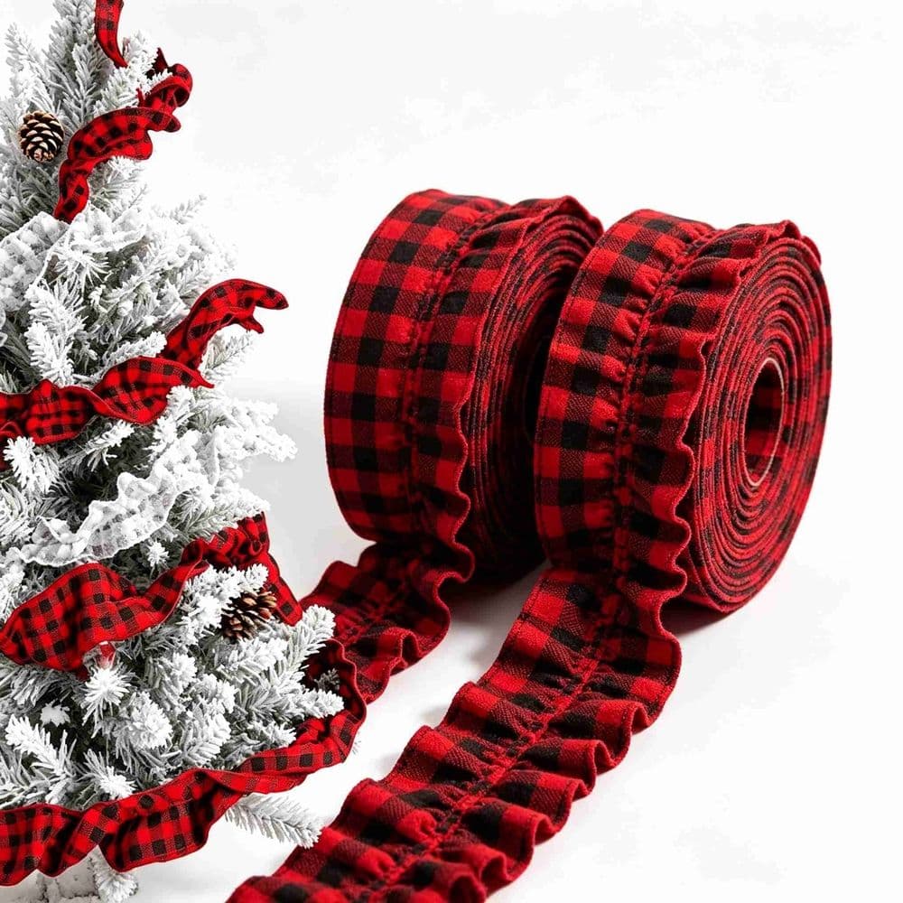 Plaid Christmas Garland, Buffalo Rustic Craft Ribbon Ruffled for Home Wreath Staircase Tree Decor(Red and Black, 2.45in x 26.9ft)