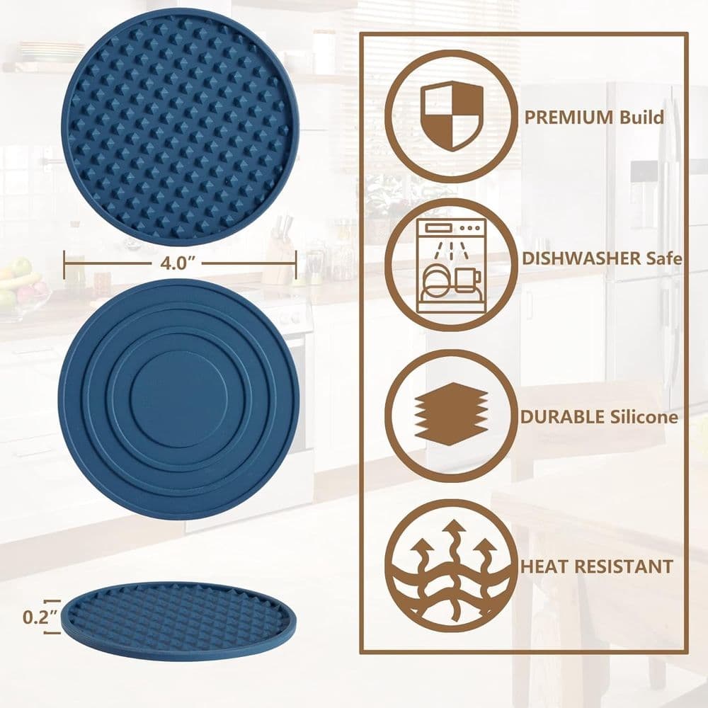 Drink Coasters Set of 6 Packs with Holder - Round Silicone Coasters with Metal Iron, Heat Resistant Silicone Coasters,Coaster Non-Slip Bottom Fits Any Size Cup Mug or Glasses (Blue)