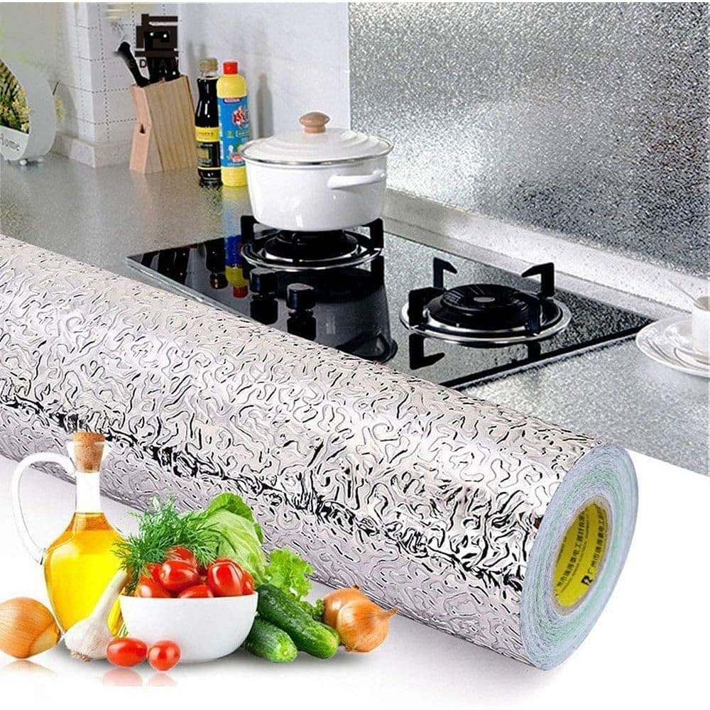 Kitchen Wallpaper Oil Proof Sticker, 118L Aluminum Foil Backsplash Self-Adhesive Paper, Waterproof Heat Resistant Peel and Stick Wallpaper for Cabinet and Shelf Liner