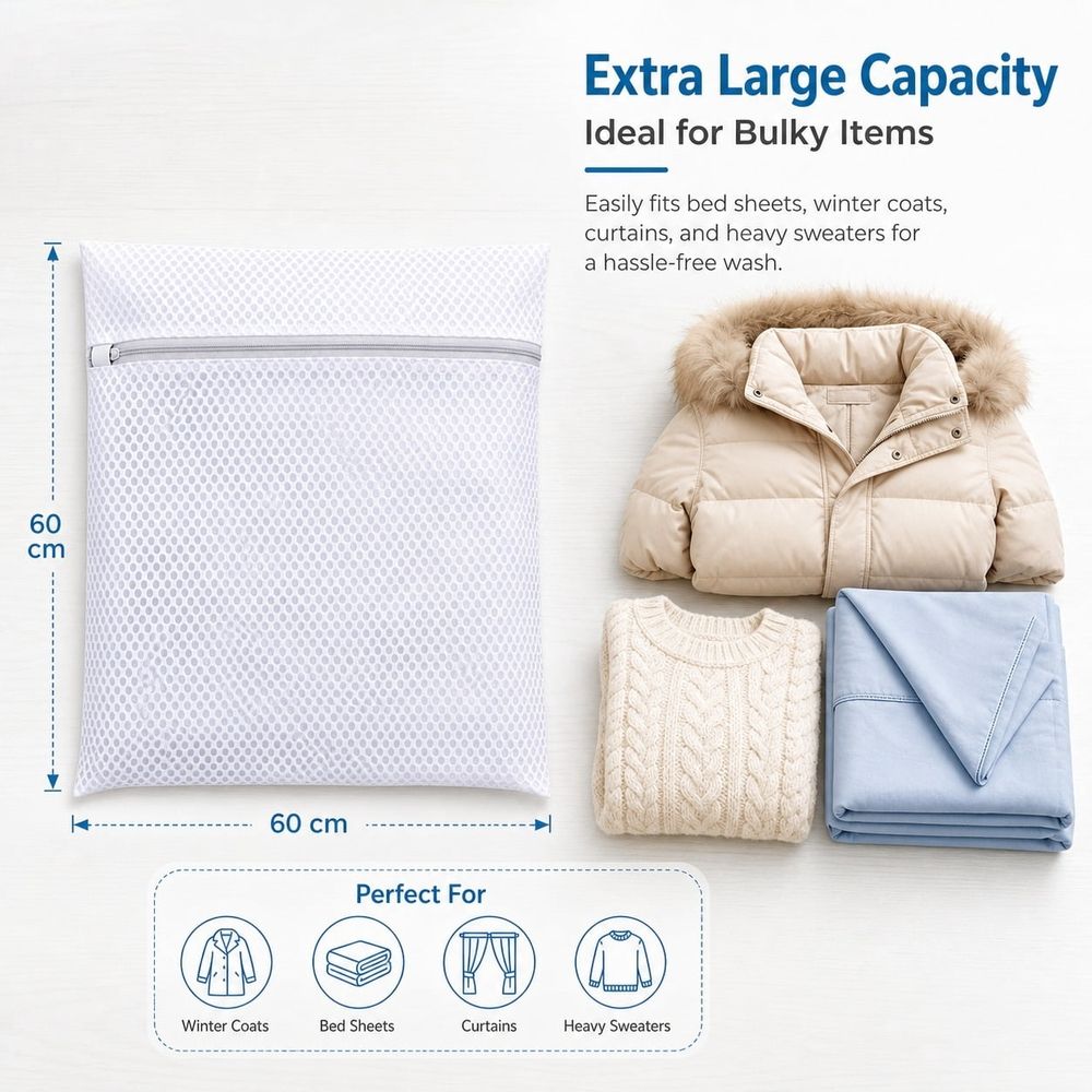 2Pcs Extra Large Mesh Laundry Bags 23.6x23.6in, Heavy Duty Zipper Washing Machine Wash Bags, Durable Honeycomb Net Delicate Clothes Wash Protector Bags for Coats, Sweaters, Bedding Sheets & Curtains