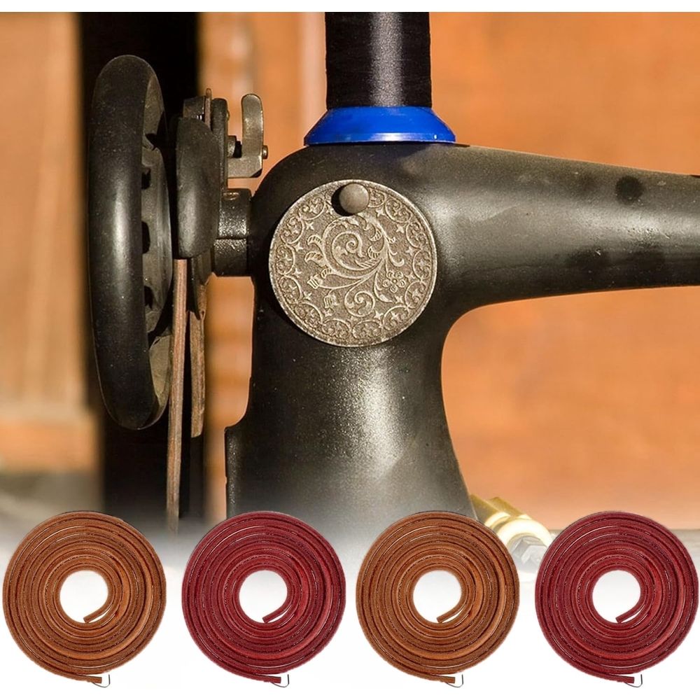 4Pcs Treadle Sewing Machine Belt, 70 x0.2 inch Replacement Leather Belt Treadle Belts with Hook for Sewing Machine Leather Belt Replacement, Red and Brown