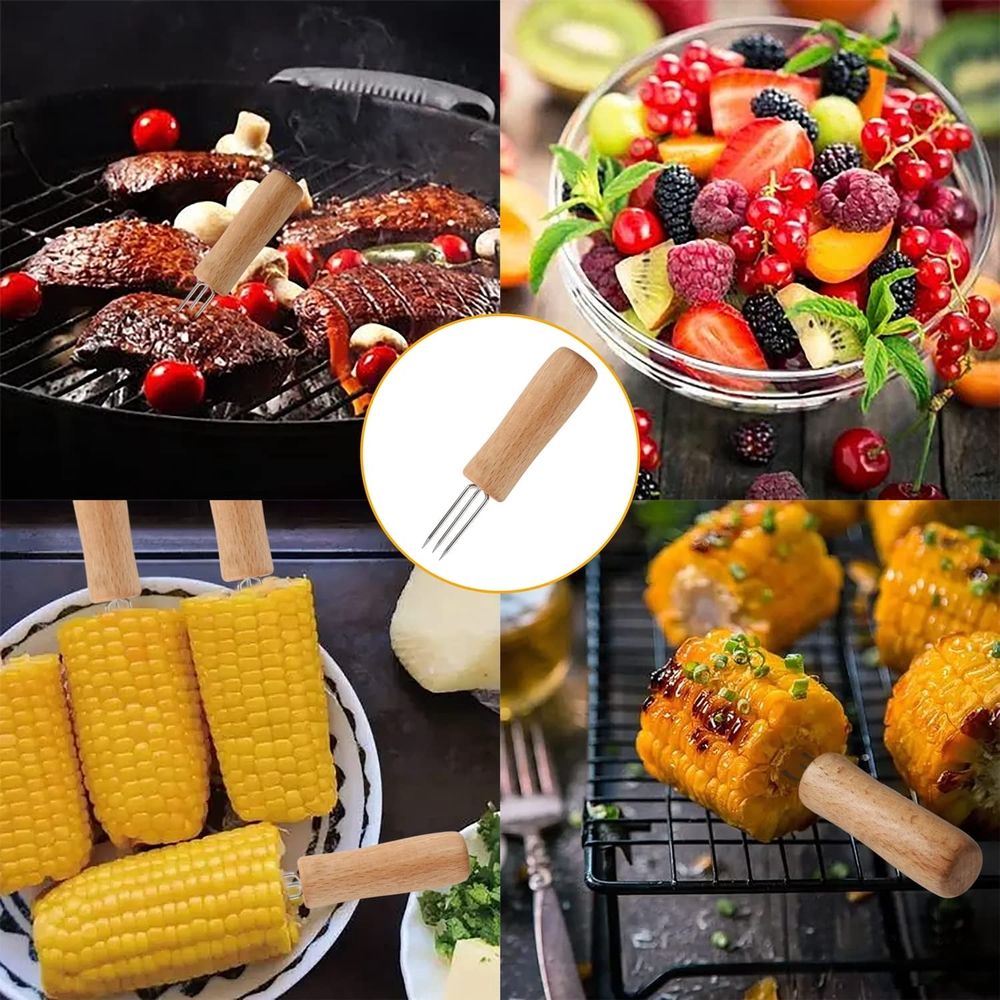 8Pcs Corn Holders, Stainless Steel BBQ Meat Fruit Forks Barbecue Corn Cob Holder with Wooden Handle for Home Cooking and BBQ