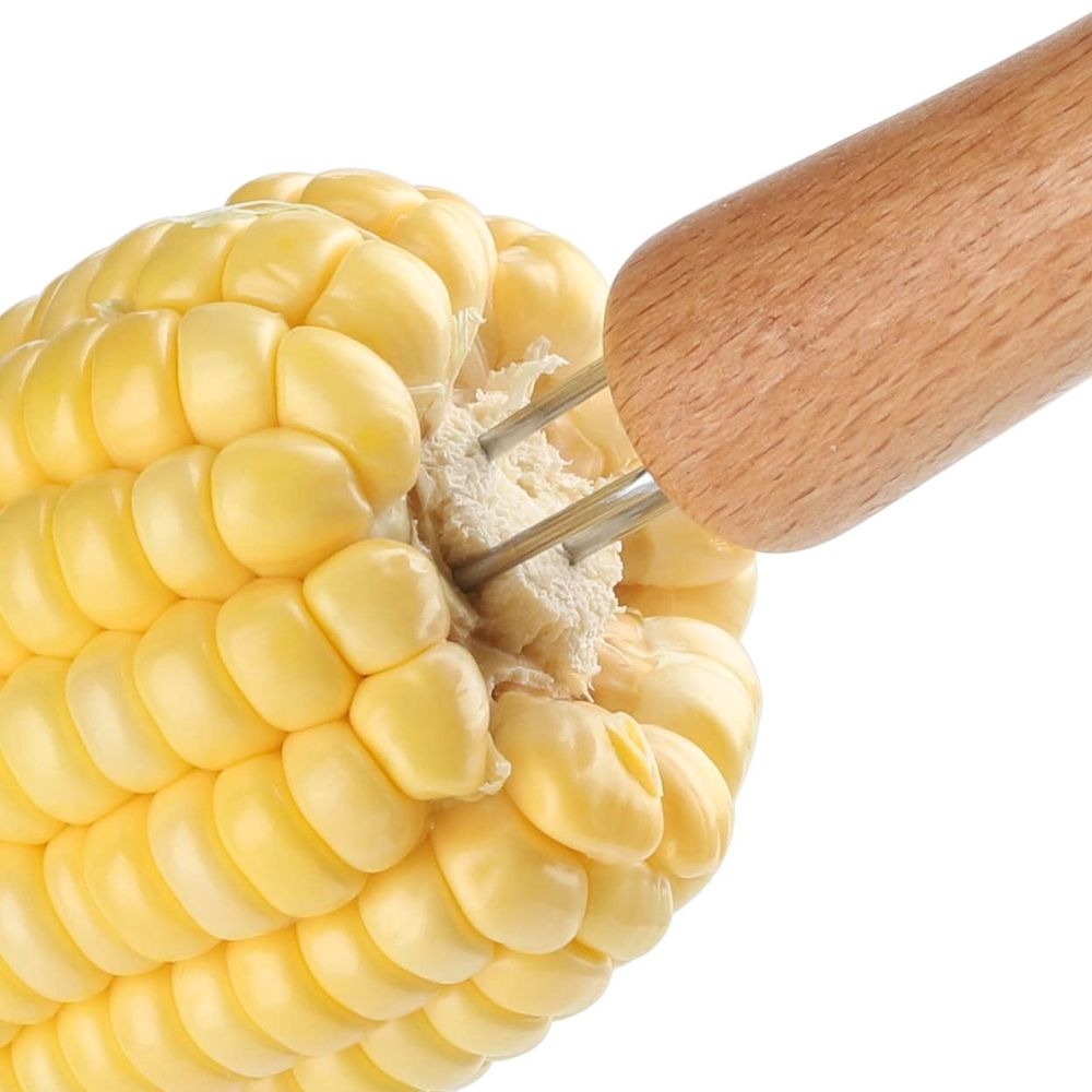 8Pcs Corn Holders, Stainless Steel BBQ Meat Fruit Forks Barbecue Corn Cob Holder with Wooden Handle for Home Cooking and BBQ