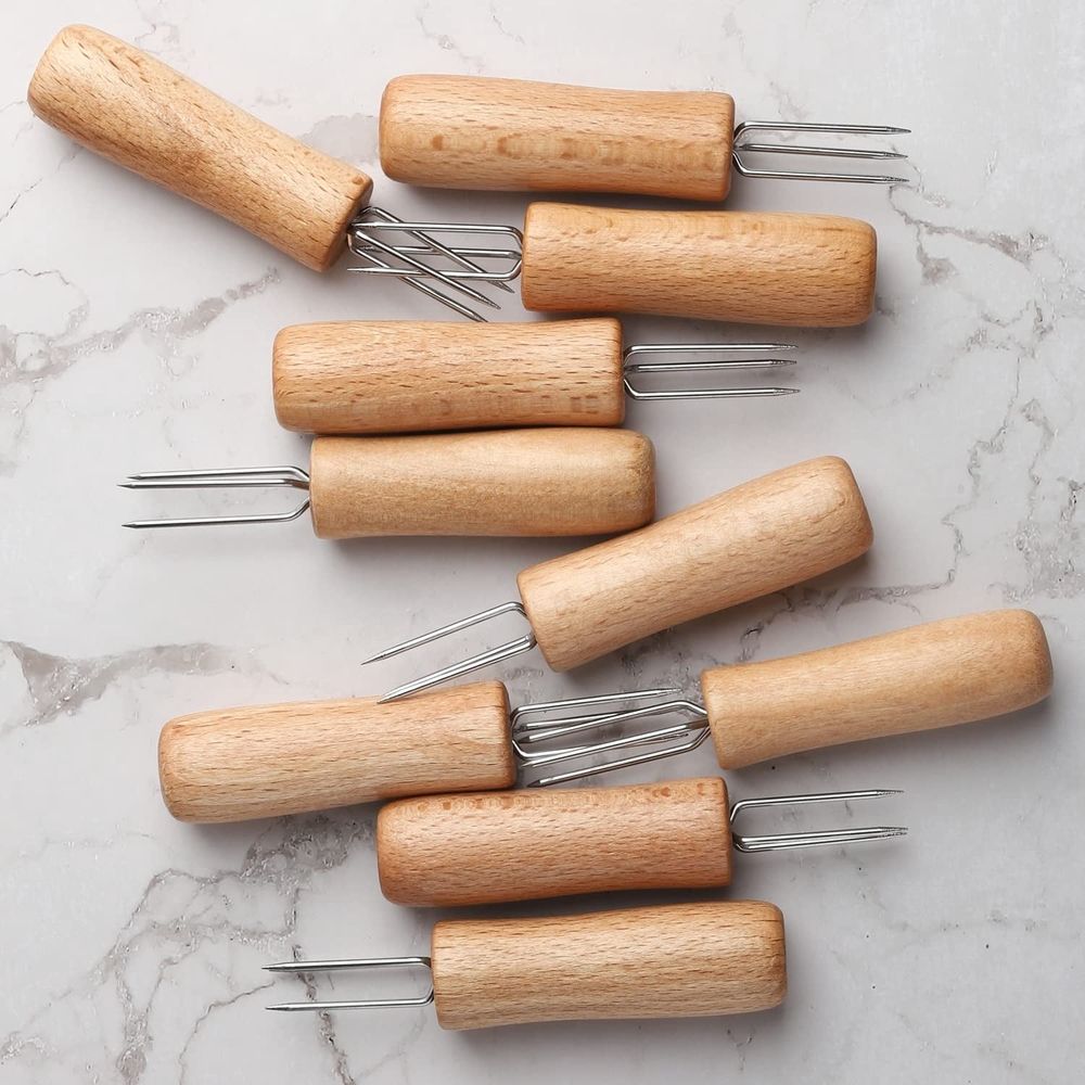 8Pcs Corn Holders, Stainless Steel BBQ Meat Fruit Forks Barbecue Corn Cob Holder with Wooden Handle for Home Cooking and BBQ