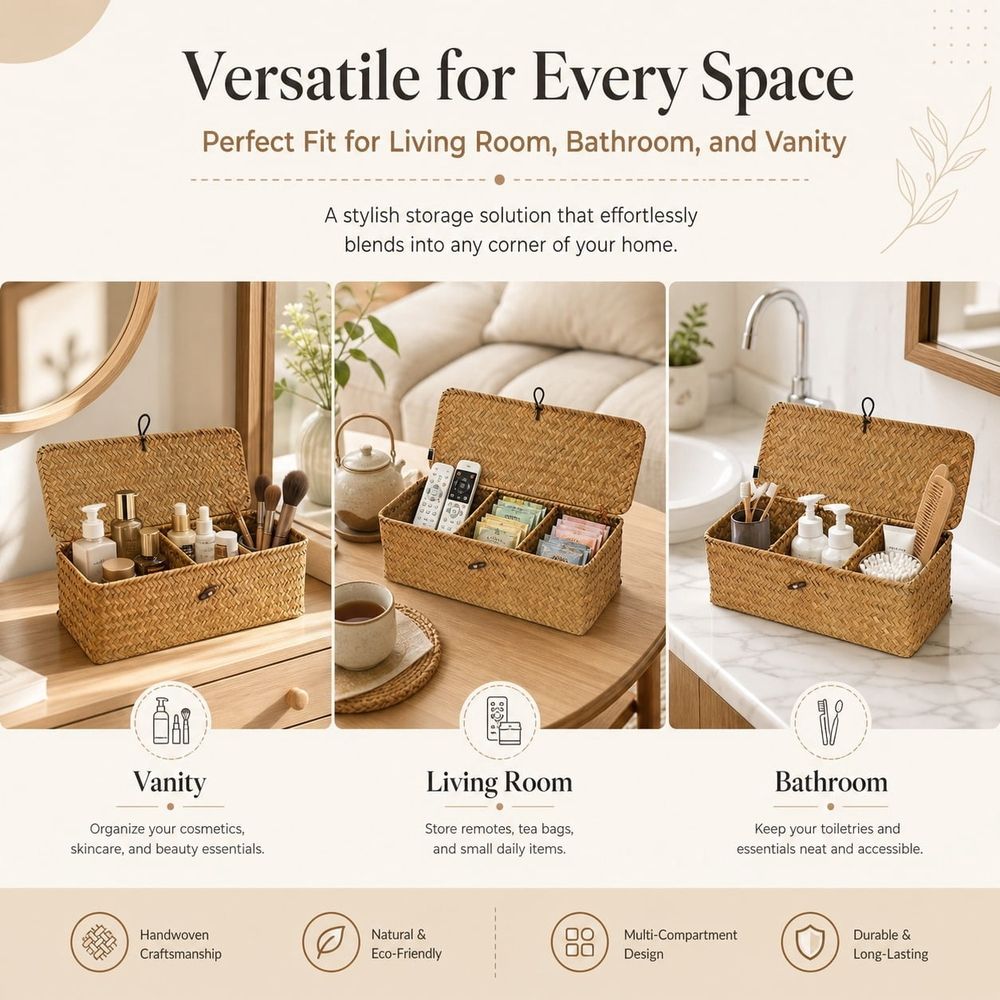 1Pcs Rectangular Small Woven Shelf Baskets with Lid 3 Compartment Storage Woven Basket for Bathroom Organizer Small Bins Home Decor