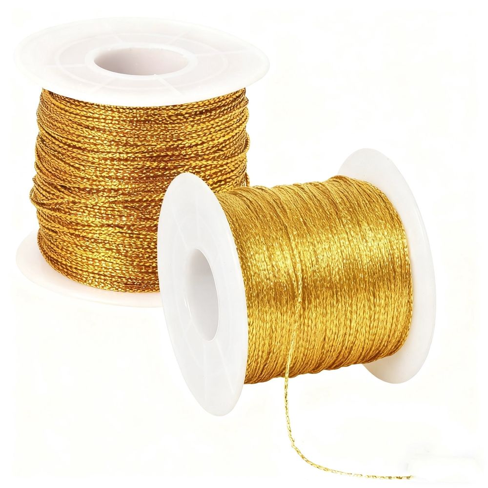 2 Rolls Metallic Cords Thread, Gold Metallic Ornament Twine Non Stretch Tinsel String Rope for Jewelry Making Gift Wrapping, 21.87Yards