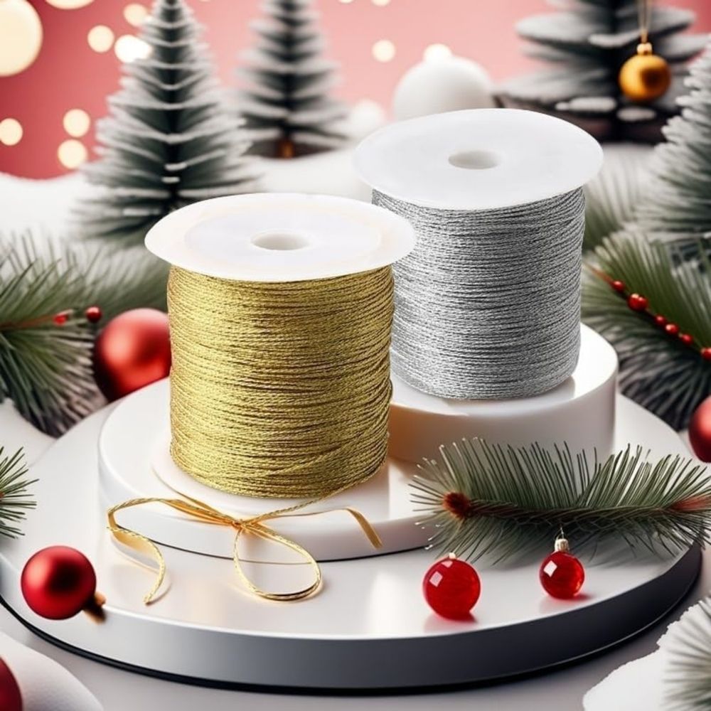 2 Rolls Metallic Cords Thread, Gold Metallic Ornament Twine Non Stretch Tinsel String Rope for Jewelry Making Gift Wrapping, 21.87Yards