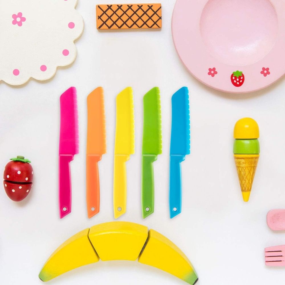 Kids Plastic Kitchen Knives 8 Pcs Colored Knife Set Children's Safe Cooking Knives Child Proof Knife with Serrated Edges for Kids Beginners Fruits, Bread & Vegetables Kitchen