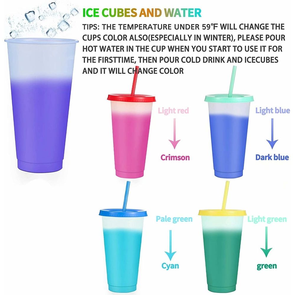 Color Changing Cups Tumblers with Lids & Straws - 5 Pack 24oz Reusable Plastic Cold Water Tumblers Iced Coffee Cups for Adults Kids