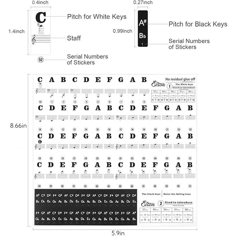 1 Pack Piano Keyboard Stickers for Beginners,Bold Large Letter Piano Stickers for Learning,Removable Piano Stickers for Keys 88/61/54/49/37,Black Letter Key Note Stickers for Kids Learning Piano