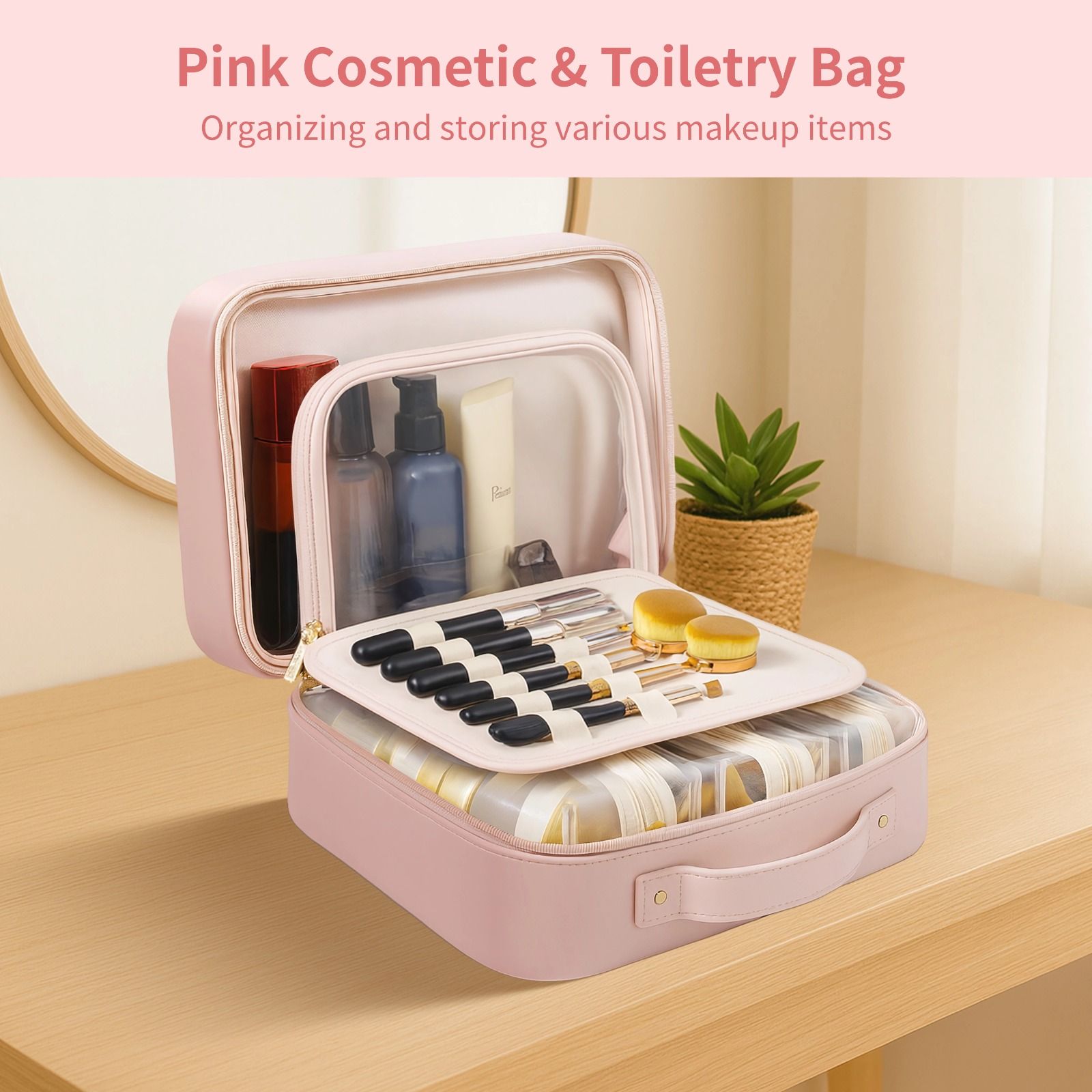 Pink Large-Capacity Stylish Cosmetic & Toiletry Bag for Women,12.2" Long-lasting Waterproof PU Leather with Soft Removable Brush Compartments & Organized Multiple Pockets