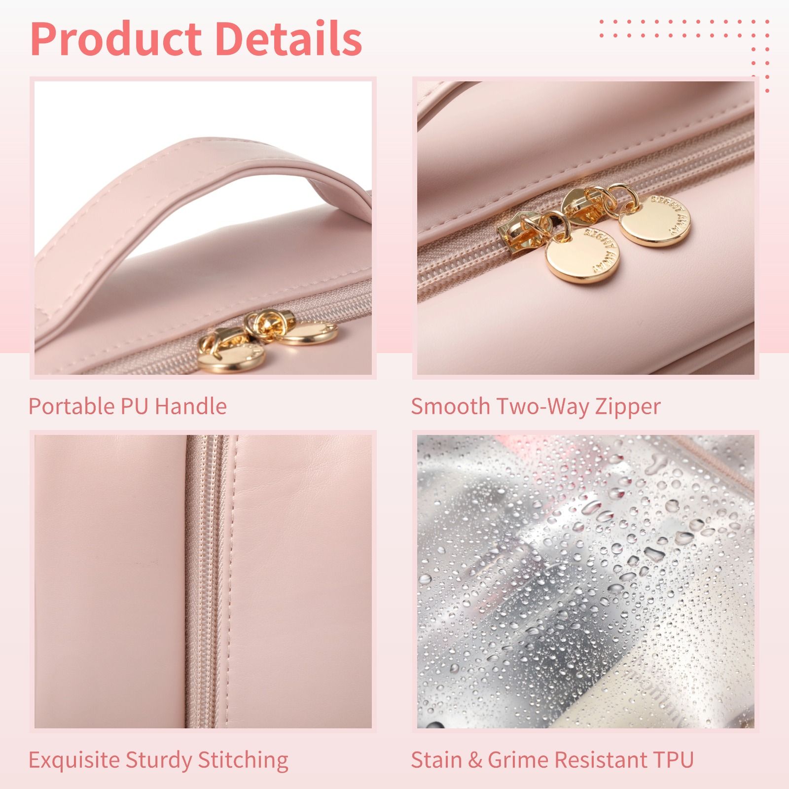 Pink Large-Capacity Stylish Cosmetic & Toiletry Bag for Women,12.2" Long-lasting Waterproof PU Leather with Soft Removable Brush Compartments & Organized Multiple Pockets