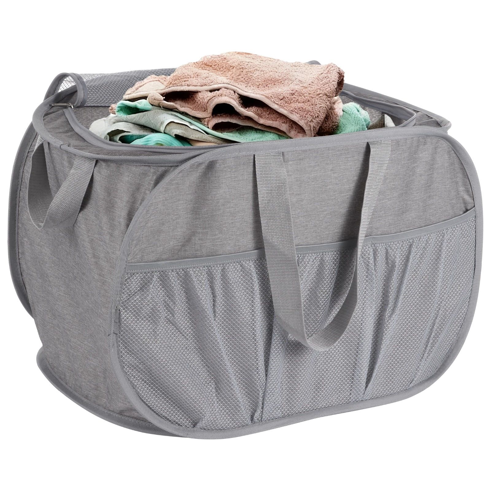 Gray Collapsible Laundry Basket with Lid, 23.6" x 14.6" x 14.6", Large Capacity Hamper, Zippered Mesh Top, Long-Term Handles, Foldable Dirty Clothes Storage for Home