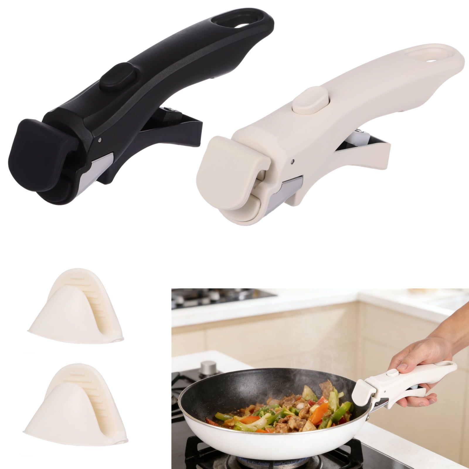 2PCS Removable Pot Handles Set, Universal Pan Handle Replacement with Anti-Scalding Clips, Heat-Resistant Grip, Easy to Clean, Fit for Various Cookware, Beige & Black