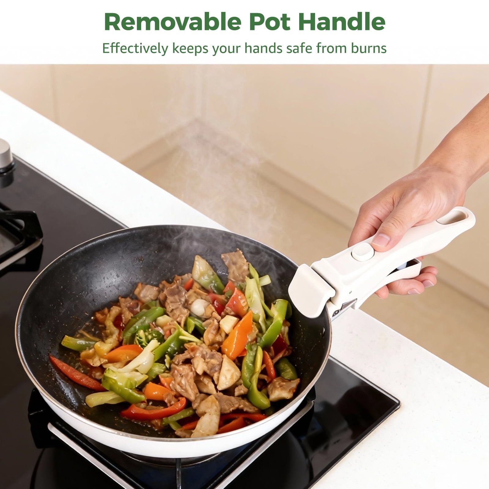 2PCS Removable Pot Handles Set, Universal Pan Handle Replacement with Anti-Scalding Clips, Heat-Resistant Grip, Easy to Clean, Fit for Various Cookware, Beige & Black