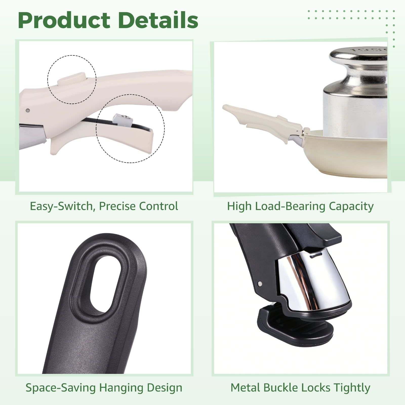 2PCS Removable Pot Handles Set, Universal Pan Handle Replacement with Anti-Scalding Clips, Heat-Resistant Grip, Easy to Clean, Fit for Various Cookware, Beige & Black