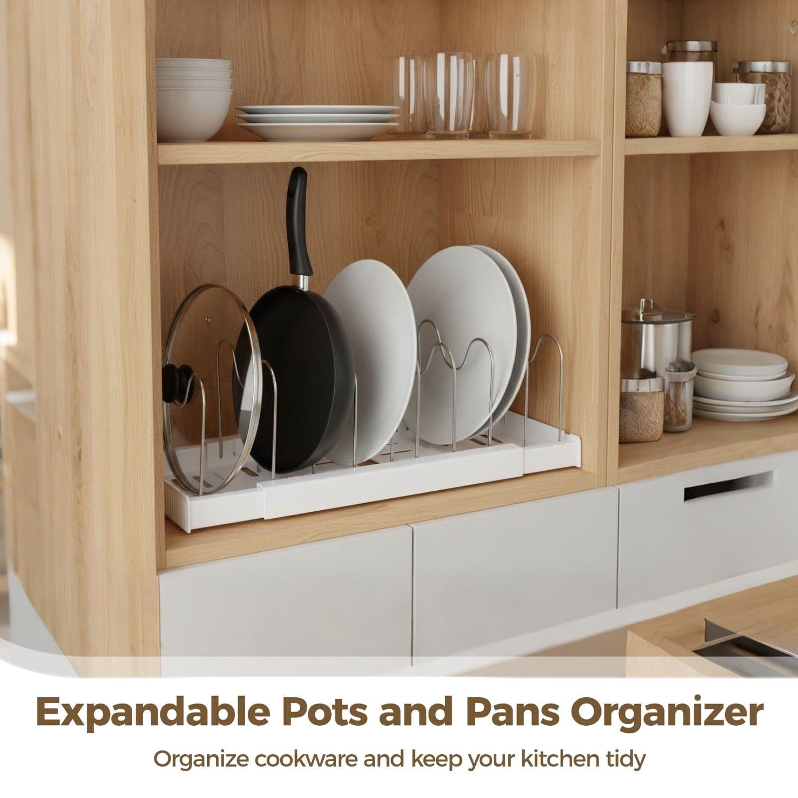 Pot and Pan Organizer Expandable Storage Rack Adjustable Dividers 12.6-22.4 x 7.9 x 5.9 in White