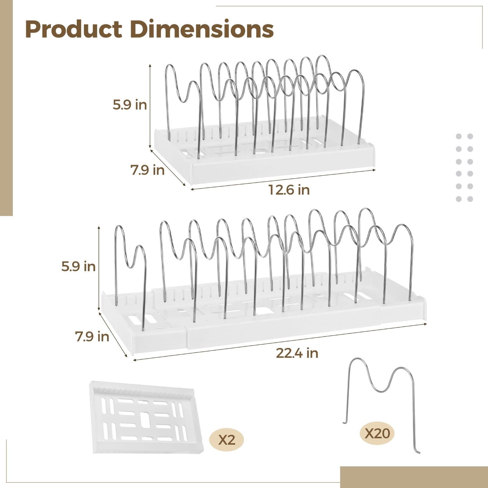 Pot and Pan Organizer Expandable Storage Rack Adjustable Dividers 12.6-22.4 x 7.9 x 5.9 in White